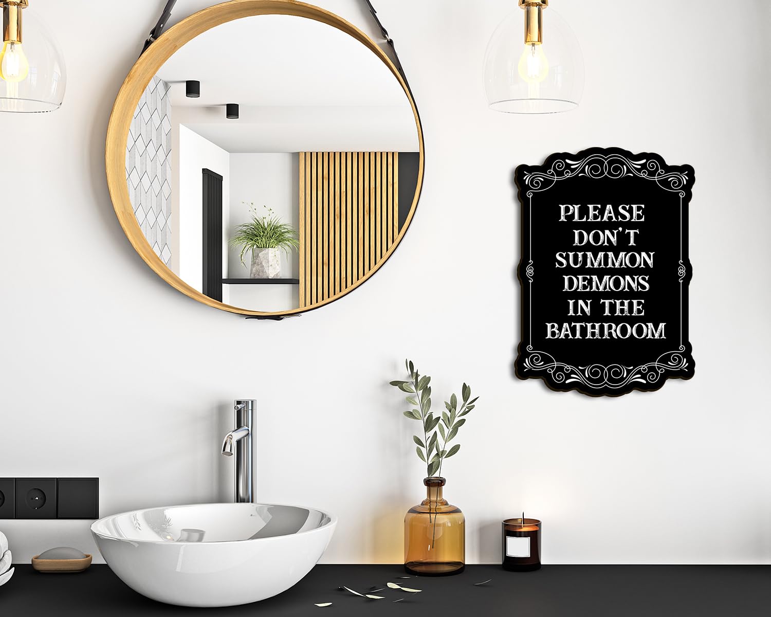 Color Valley Art - Please Do Not Summon Demons In The Bathroom, Funny Gothic Decor Bathroom Wall Art, Wooden Spooky Wall Hanging