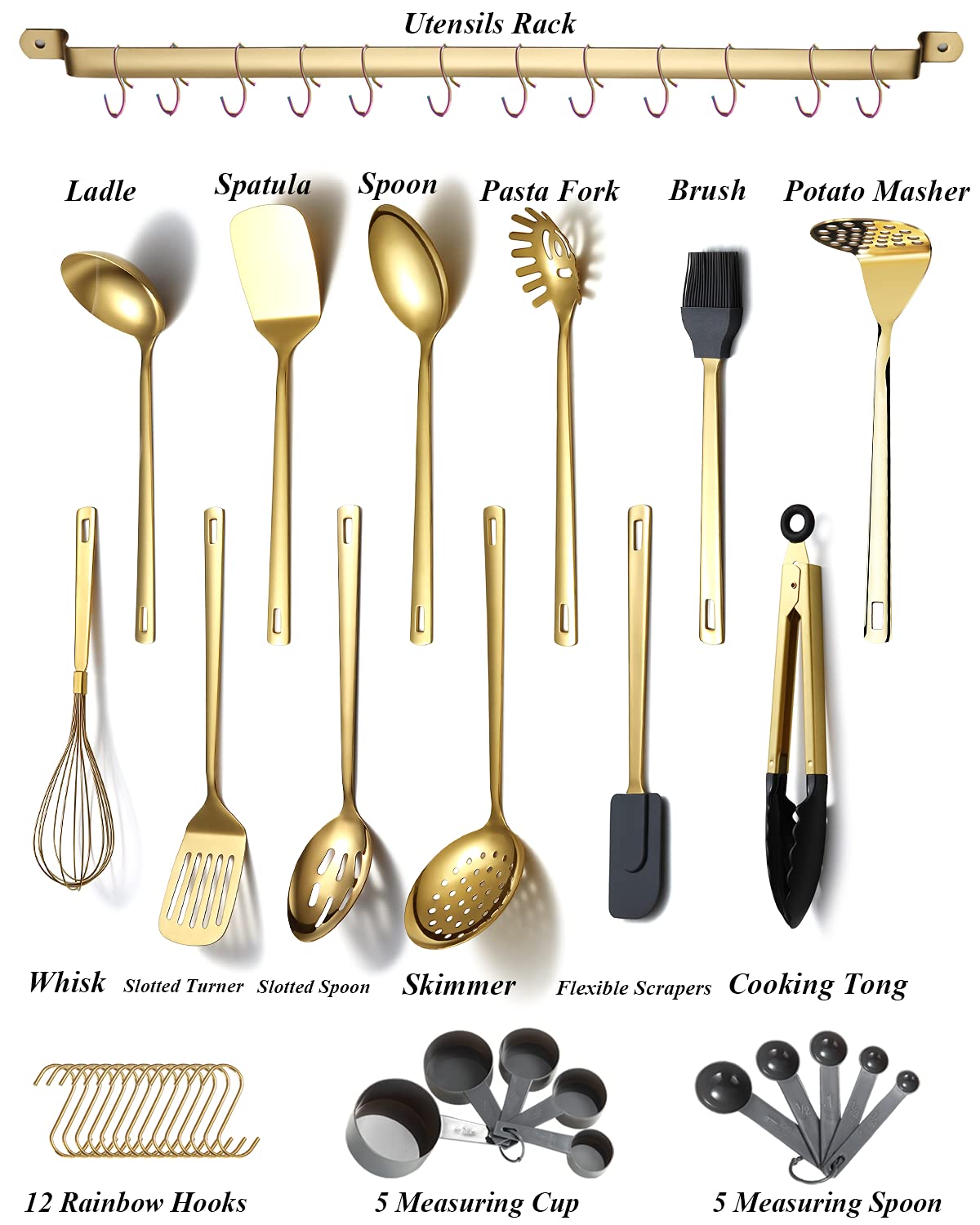 Gold Cooking Utensils Set  Kyraton Stainless Steel 37 Pieces Kitchen Utensils Set with Titanium Gold Plating  Kitchen Gadgets Tool Set with Utensils Racks Heat Resistant Dishwasher Safe