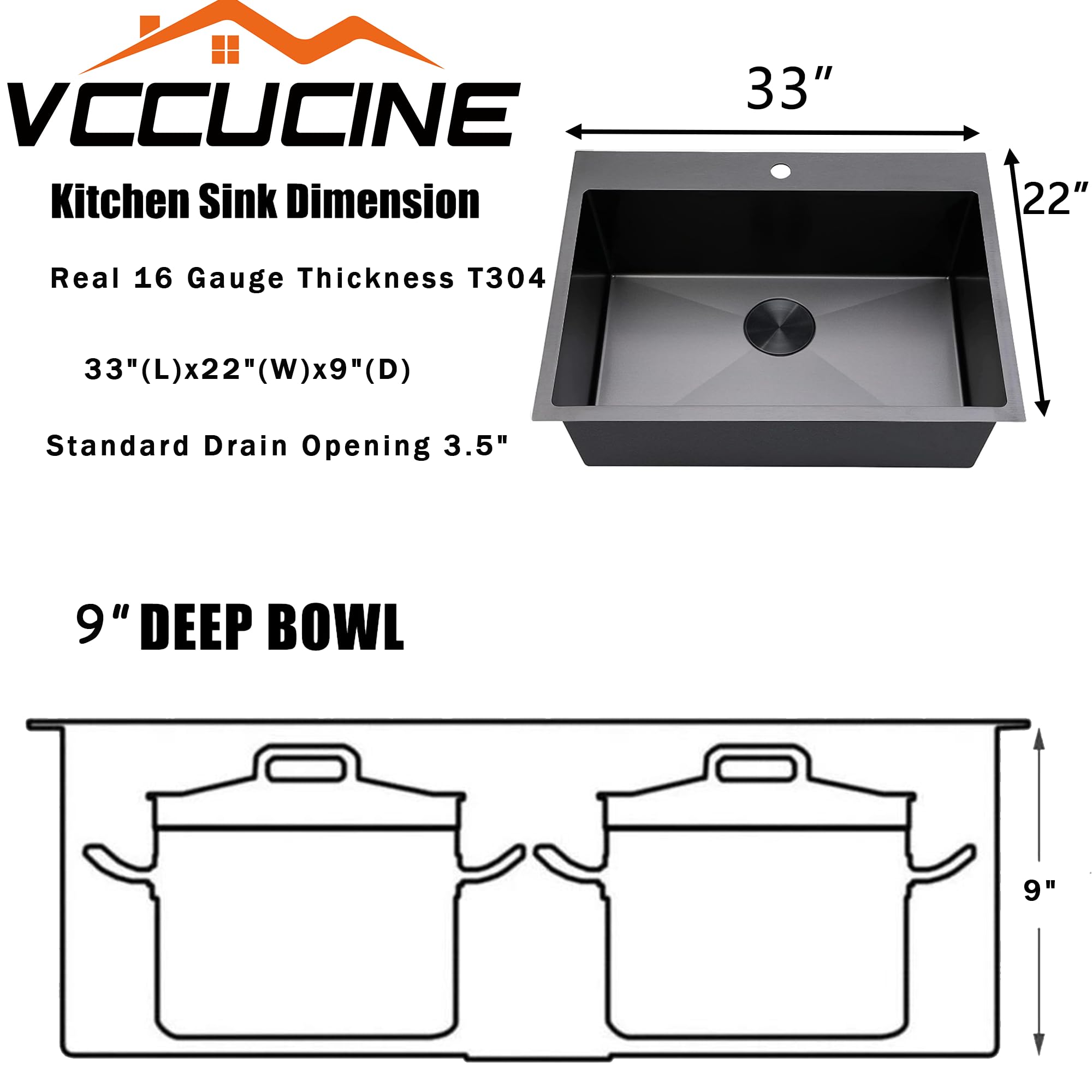 Vccucine 33 Inch Black Drop In Kitchen Sink,33 X 22 Inch Gunmetal Black Single Bowl Stainless Steel Basin Topmount Kitchen Sink,