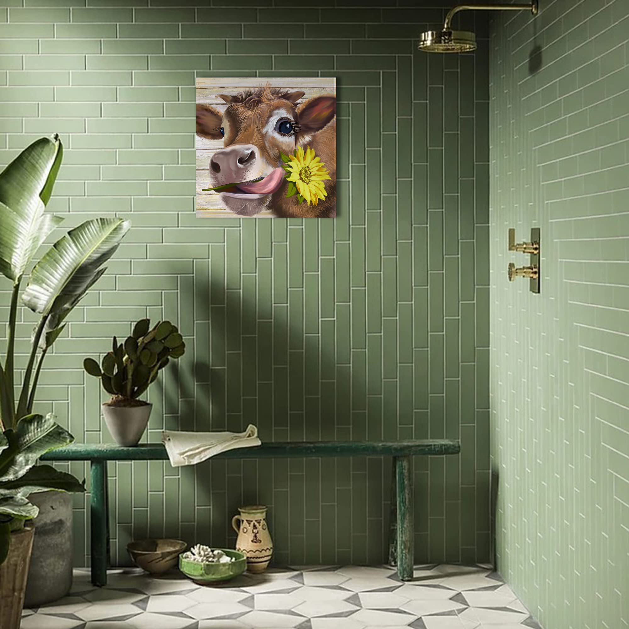 Cow Pictures Wall Decor Country Farmhouse Canvas Wall Art Rustic Sunflower Bathroom Decor Framed Artwork Paintings For Wall Deco