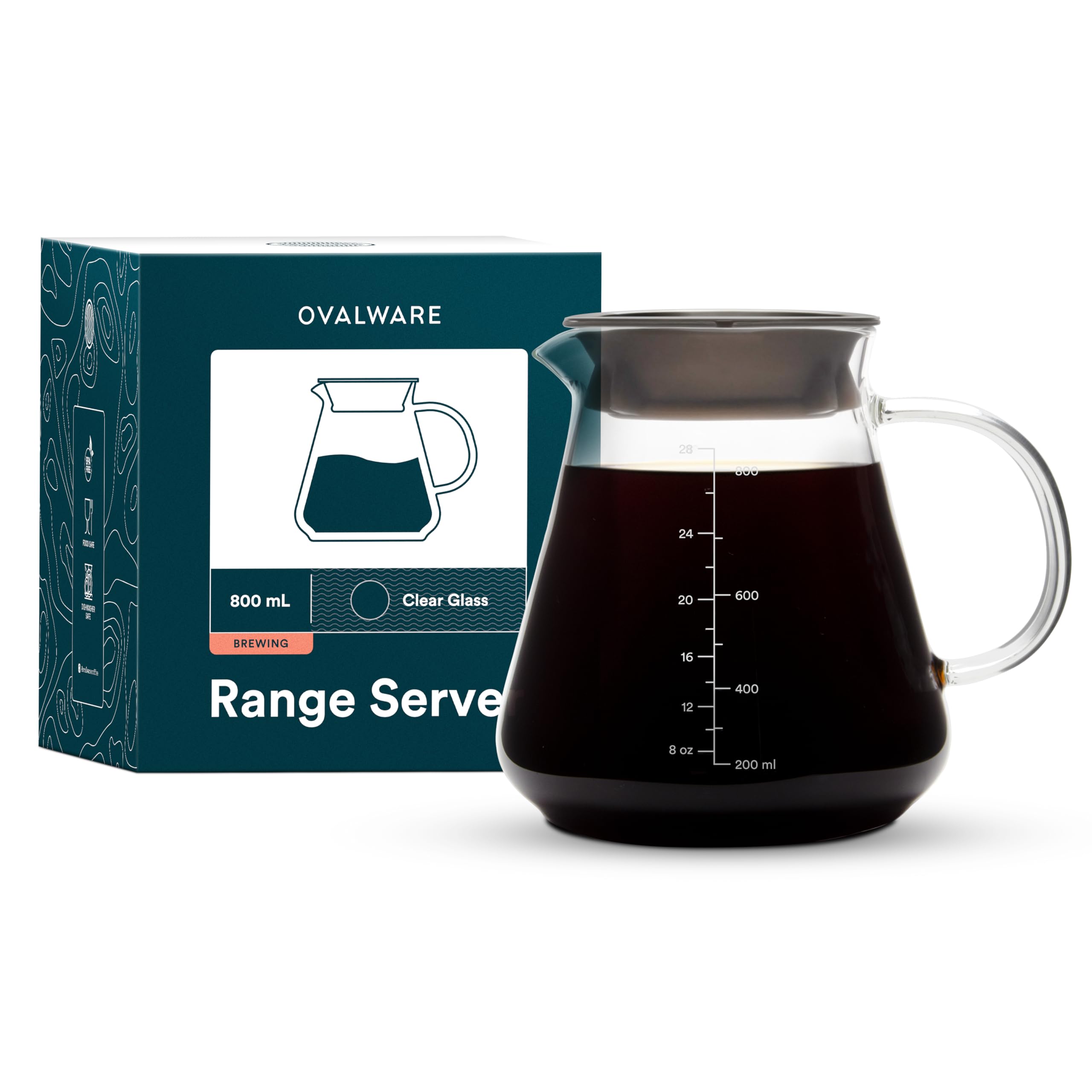 Glass Range Coffee Server For Pour Over Coffee & Tea - 800ml/27oz Ovalware Microwave Safe & Heatproof 2.5mm Thick Glass Body