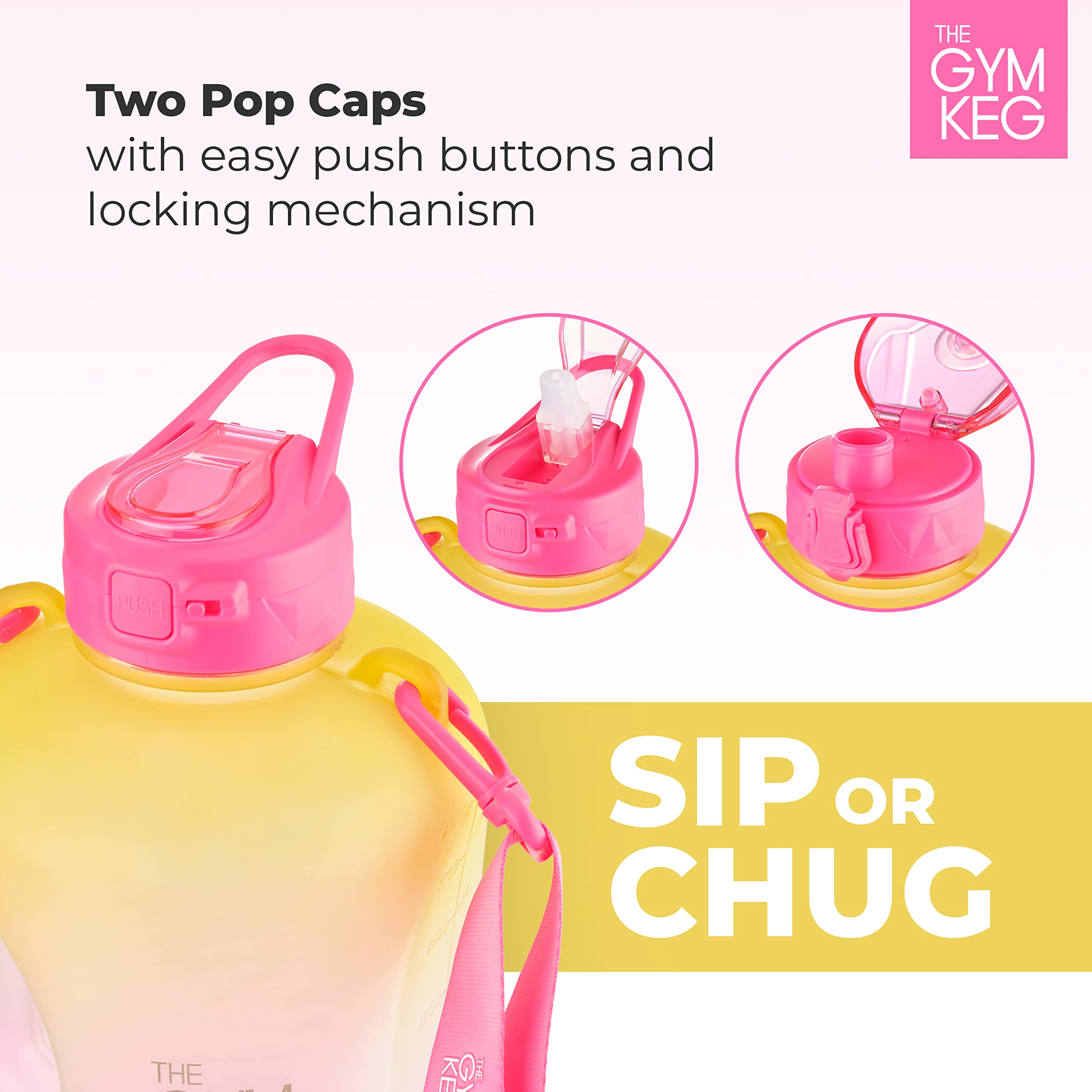 THE GYM KEG Half Gallon Water Bottle (74oz)  Gym Bottle with Straw Lid  Carry Strap Motivational Time Markings  Sport Water Bottles with Times to Drink  Large Reusable Bottle  Leakproof & BPA-free