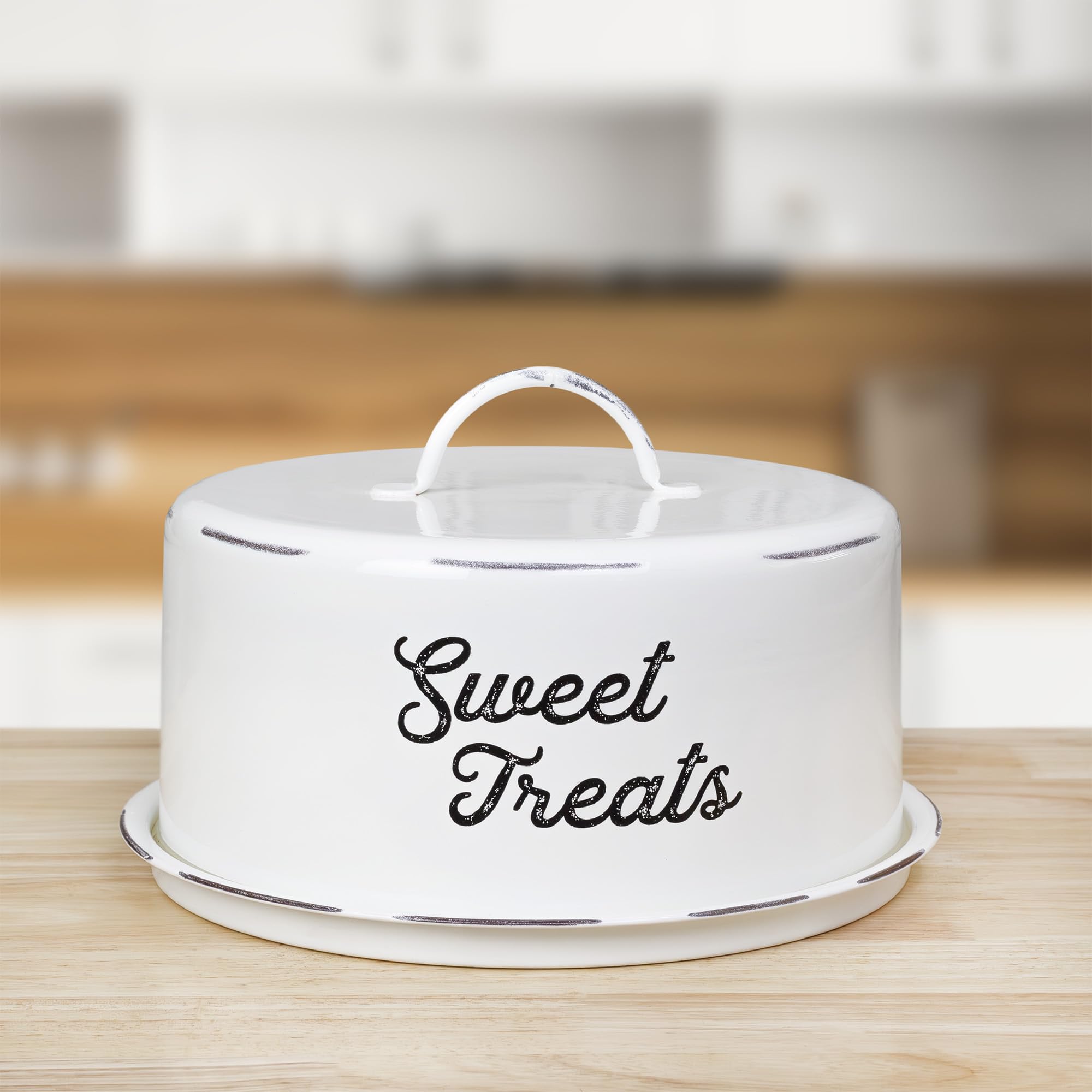 Auldhome Enamelware White Cake Cover; Rustic Decorative Cake Plate With Domed Lid