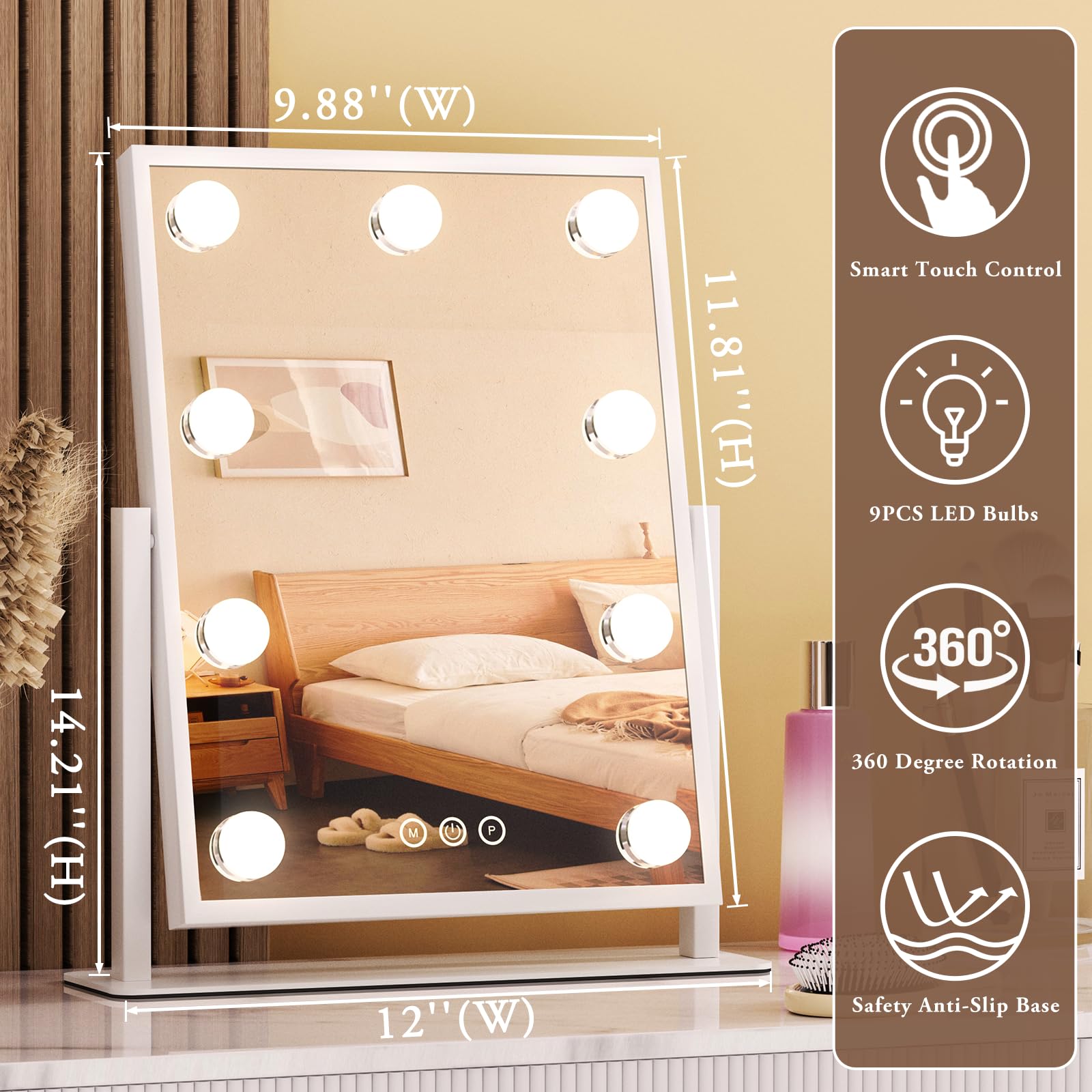 Vanity Mirror With Lights, Lighted Makeup Mirror Hollywood Makeup Mirror With 9 Dimmable Bulbs And 3 Color Lighting Modes, Smart