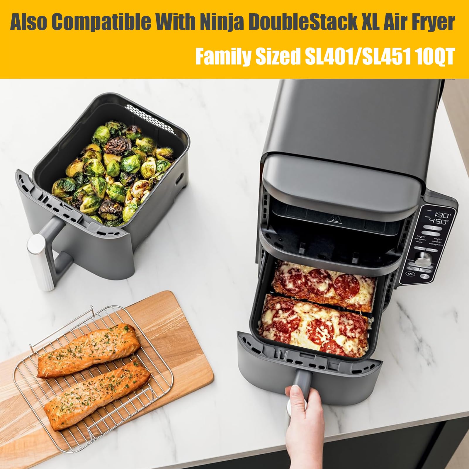 10Qt Air Fryer Silicone Liners For Ninja Dz401/Dz550/Sl401/Sl451/Dz302,Mmh 2Pcs Rectangle Food-Grade Airfryer Silicone Pot Reusa