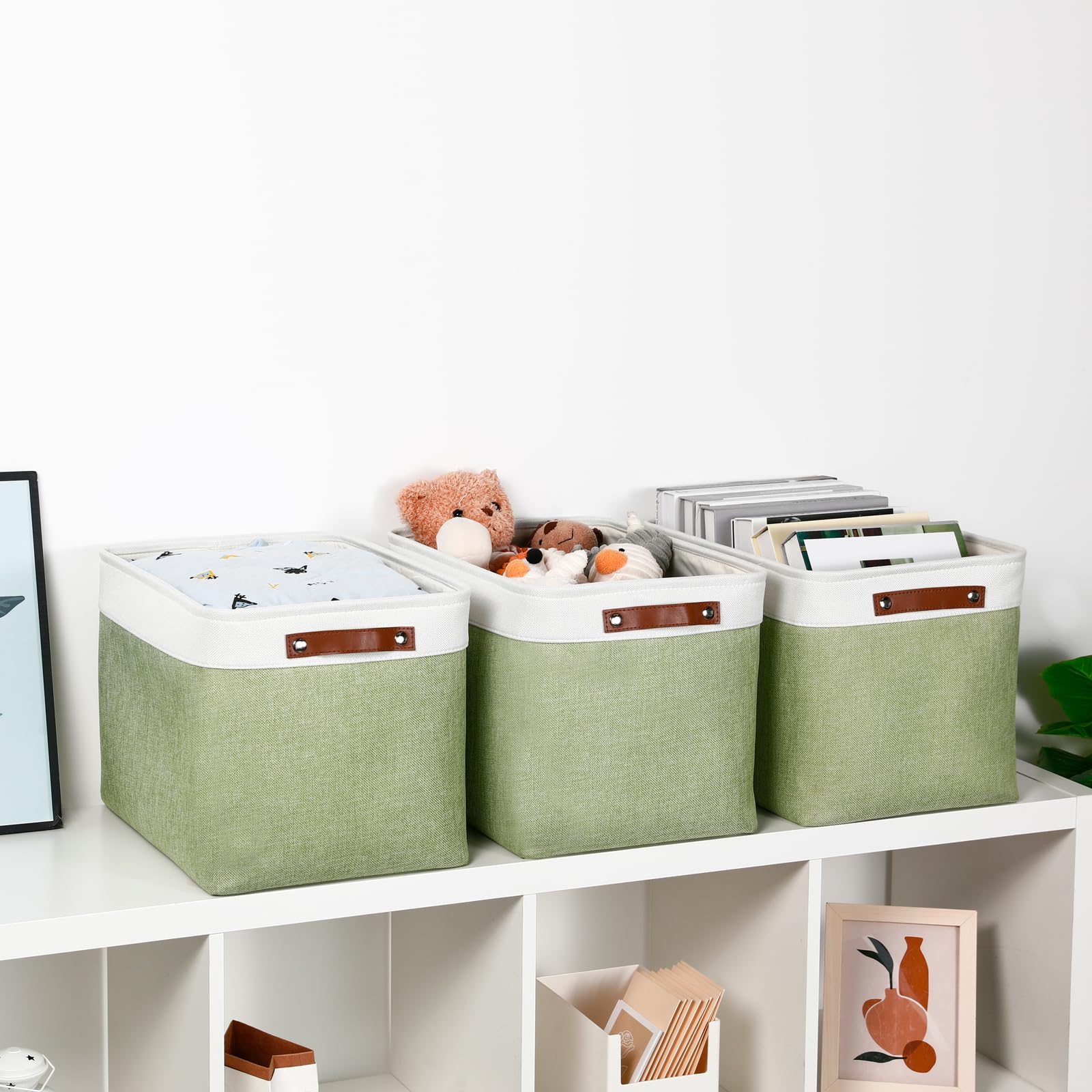 Dullemelo 16 Inch Fabric Storage Basket, Decorative Storage Boxes With Leather Handle For Closet Shelf Nursery, Collapsible Line