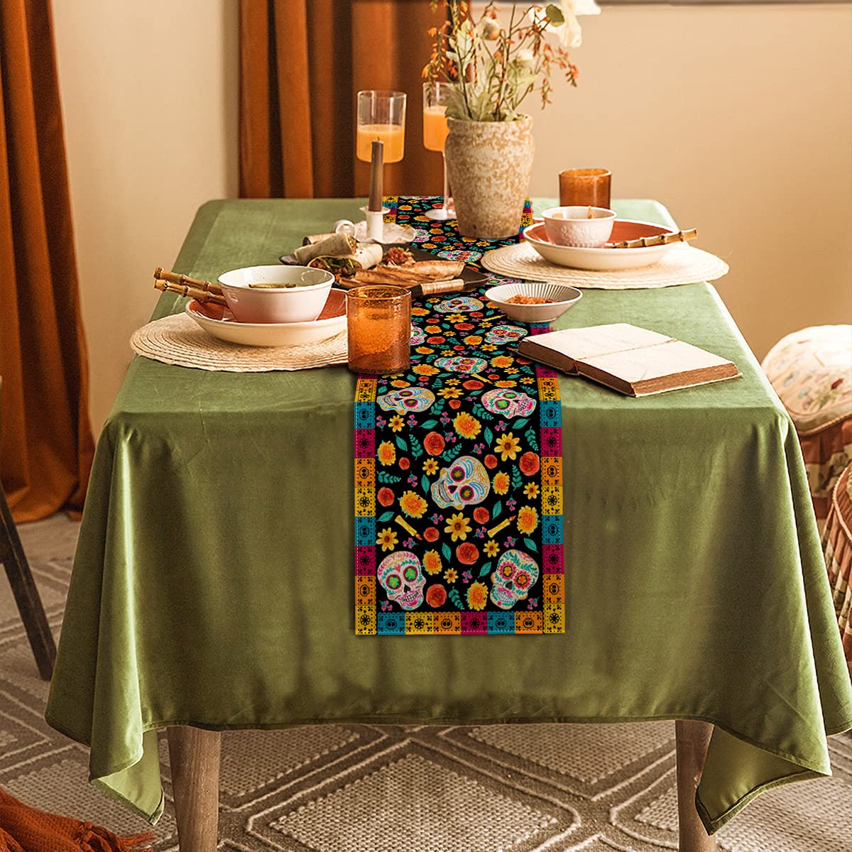 Dia De Los Muertos Table Runner Linen Mexican Sugar Skull Day Of The Dead Altar Decoration For Home Kitchen Dining Room (13'' X