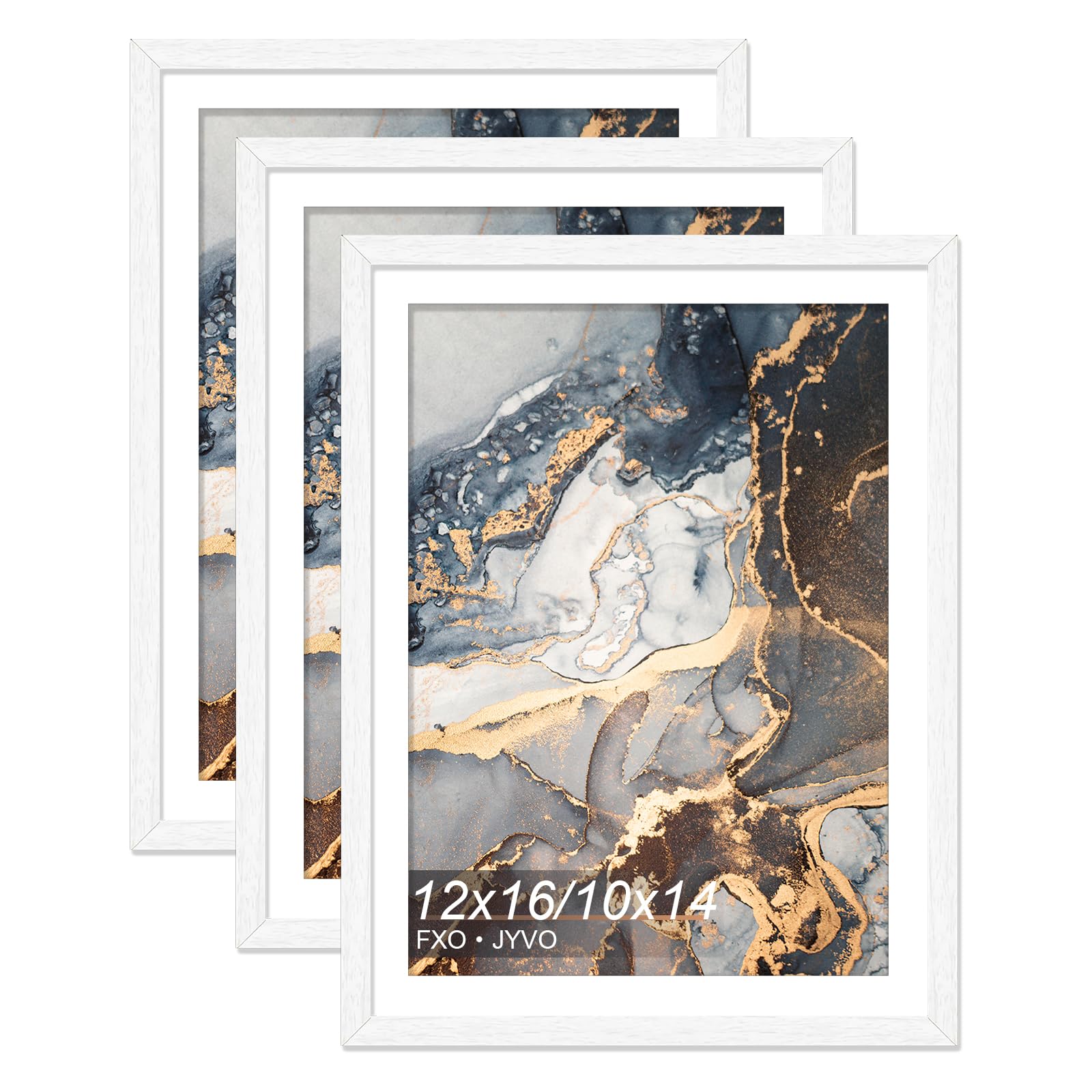 Fxojyvo Engineered Wood White 12 x 16 Frame Set of 3, Display Picture 10x14 with Mat or 12x16 Without Mat, Picture Frame with Wo