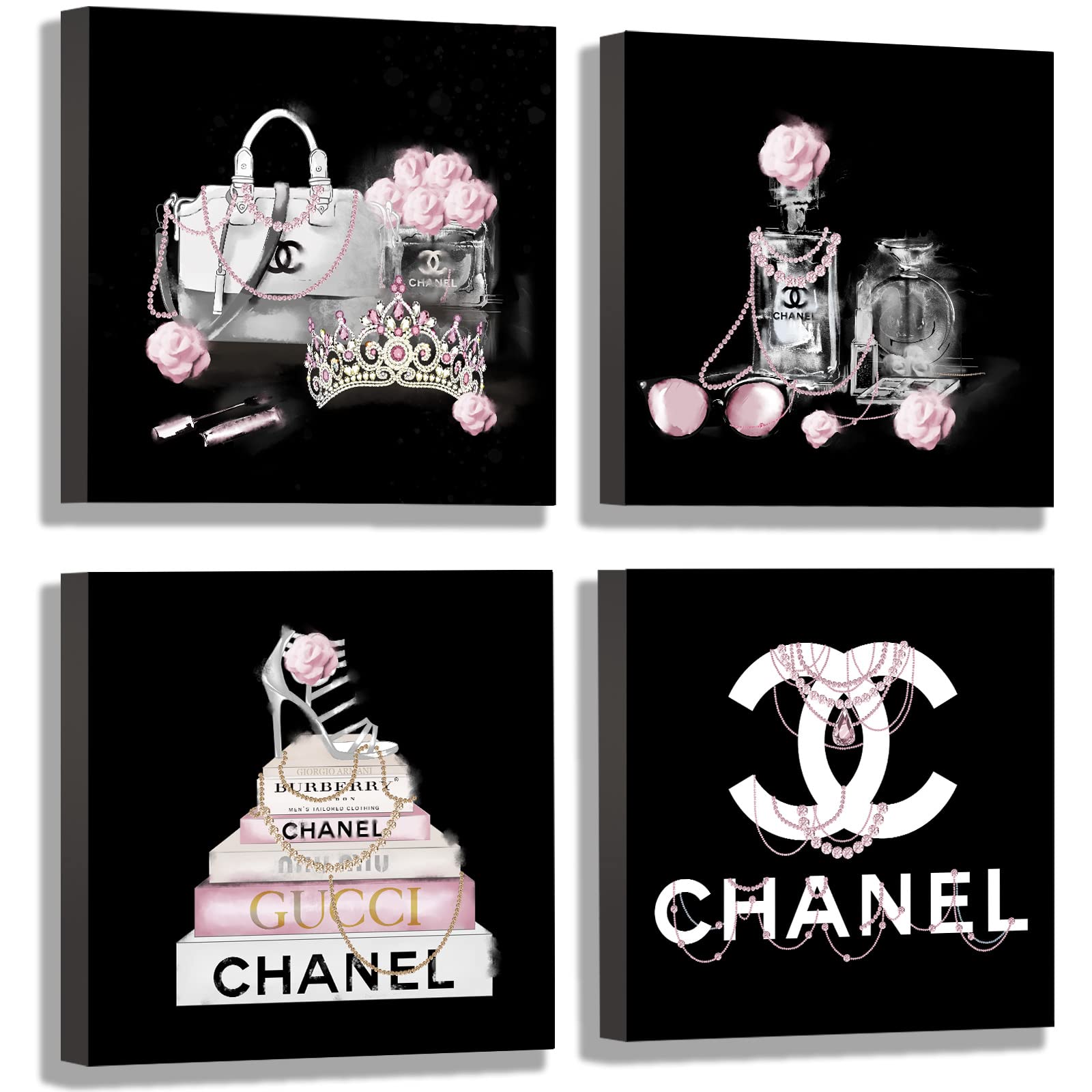 Meetdeceny Black And White Wall Art/Pink Book Pictures Room Decor For Teen Girls/Women Handbag Perfume Wall Decor For Living Roo