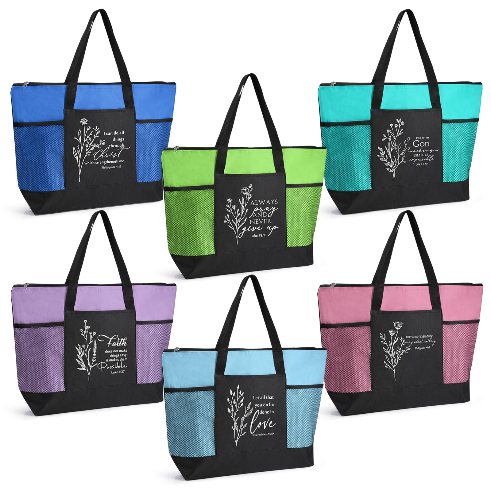 Aliceset 6 Pcs Bible Tote Bags for Women Bulk Christian Gift Bag with Zipper Mesh Pocket Religious Tote for Thanksgiving Christm