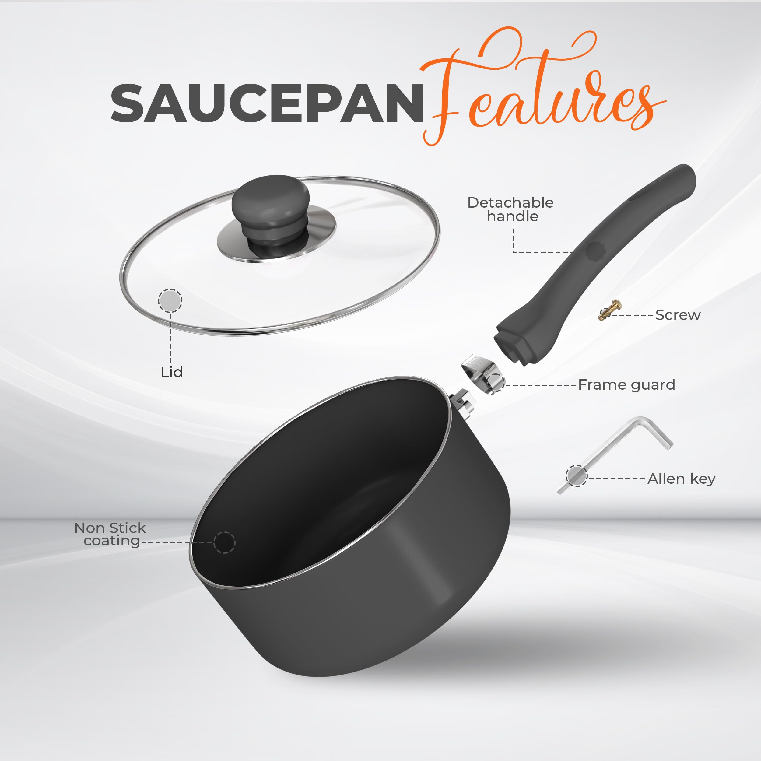 Utopia Kitchen 2 Quart Nonstick Saucepan With Glass Lid Bakelite Handle Induction Bottom Pot And Pan (Grey - Black)