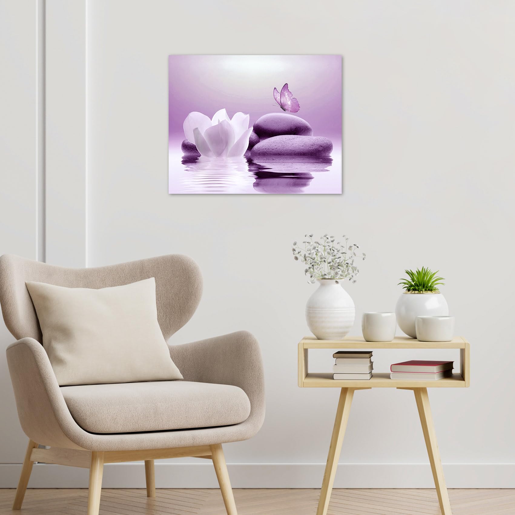 Eobtain Zen Water Lily Canvas Wall Art White Floral And Purple Butterfly On Stone Bedroom Wall Decor Modern Spiritual Yoga Spa P