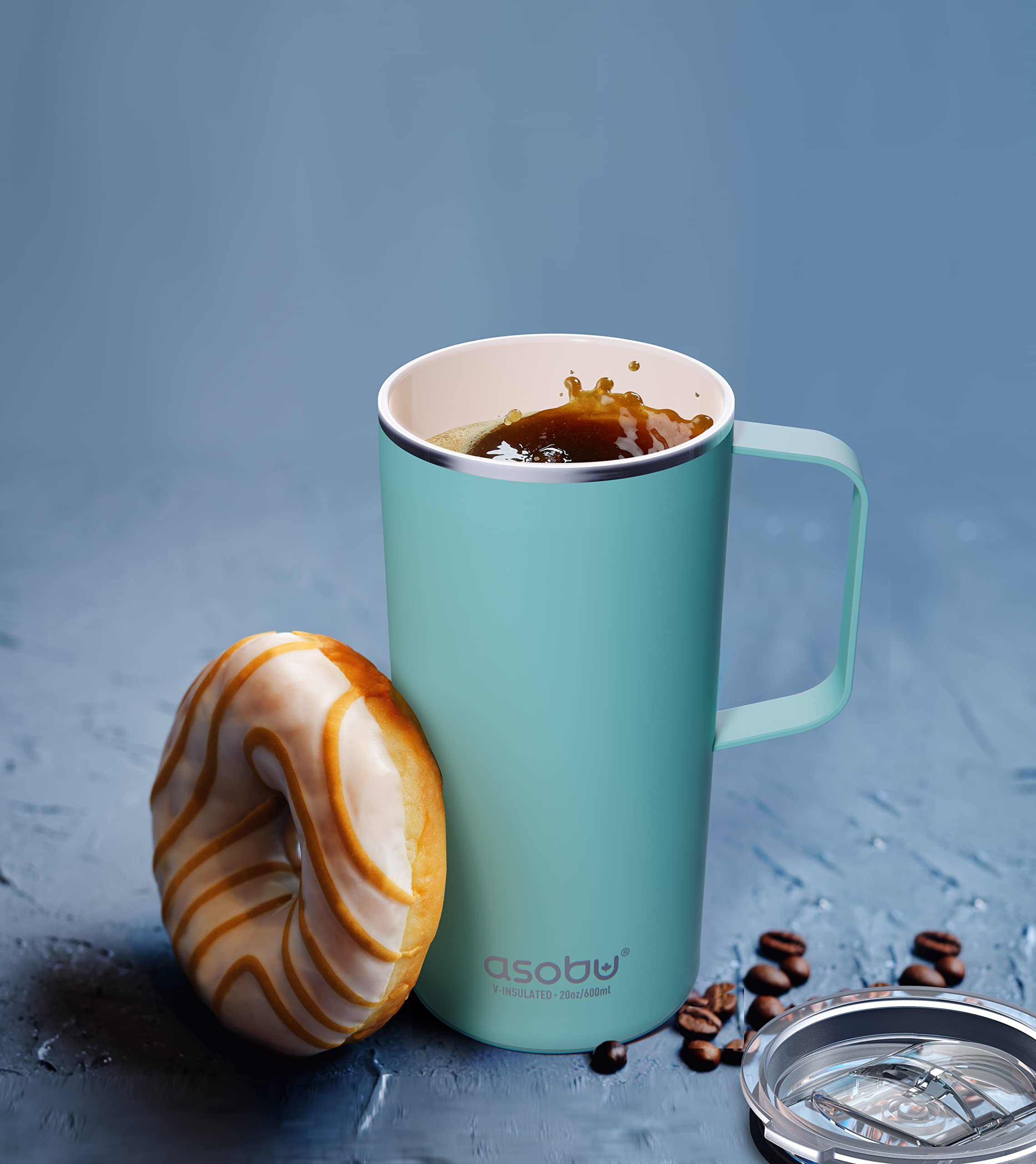 Asobu Tower Mug Ceramic Inner Coated Insulated Stainless Steel Cup For Pure Tasting Coffee With Easy Hold Handle And Tritan Lid