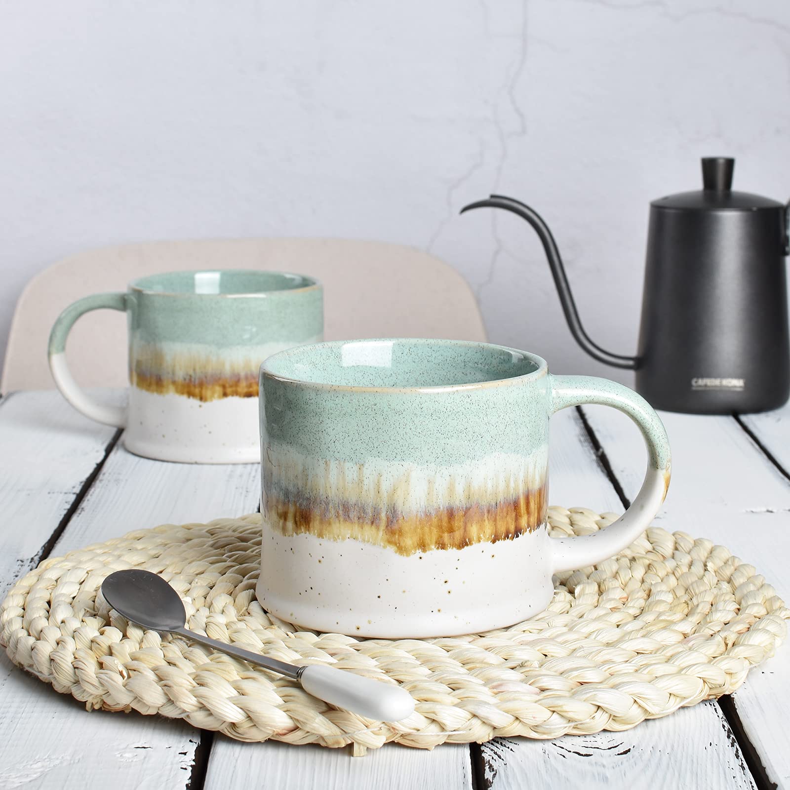 Bosmarlin Medium Ceramic Coffee Mug Set Of 2, 15 Oz, Big Stoneware Tea Cup For Office And Home, Dishwasher And Microwave Safe (G