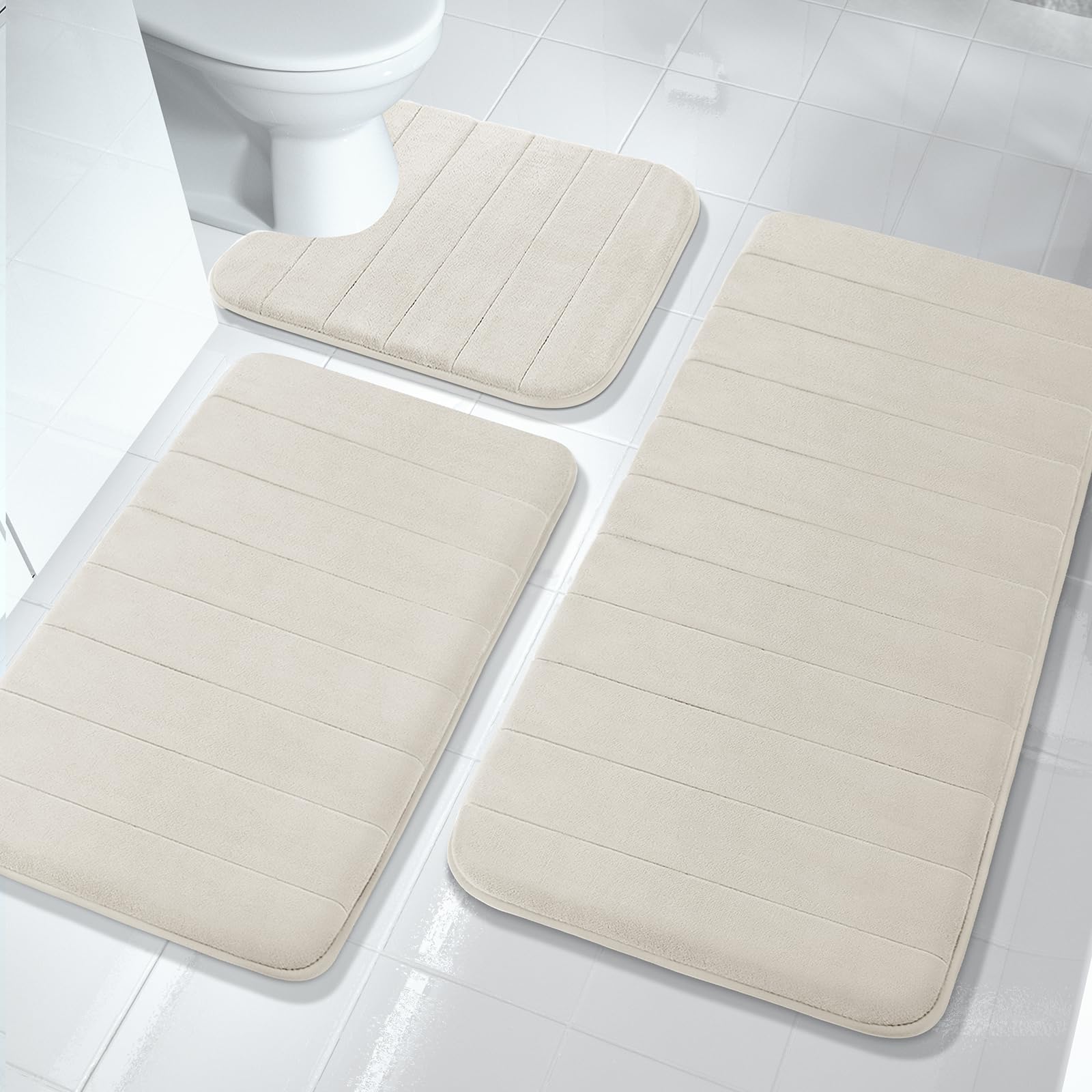 Yimobra 3 Pieces Memory Foam Bath Mat Sets, 44.1X24 + 17X24 And U-Shaped For Bathroom Rugs, Toilet Mats, Non-Slip, Soft Comforta