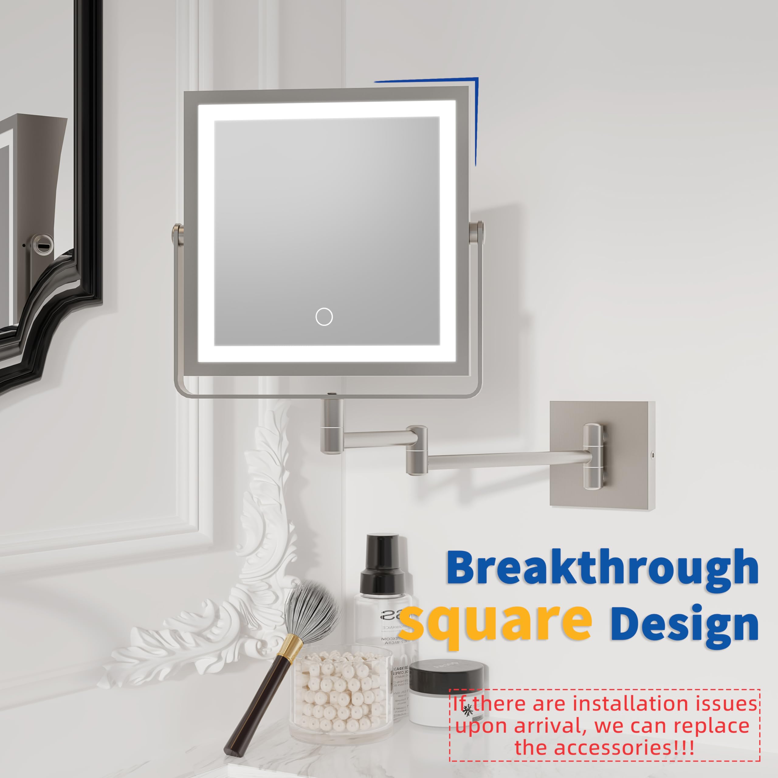 Ruacq Rechargeable Wall Mounted Makeup Mirror With Lights, Double Sided 1X/10X Magnifying Vanity Mirror With 3 Color Light, Touc