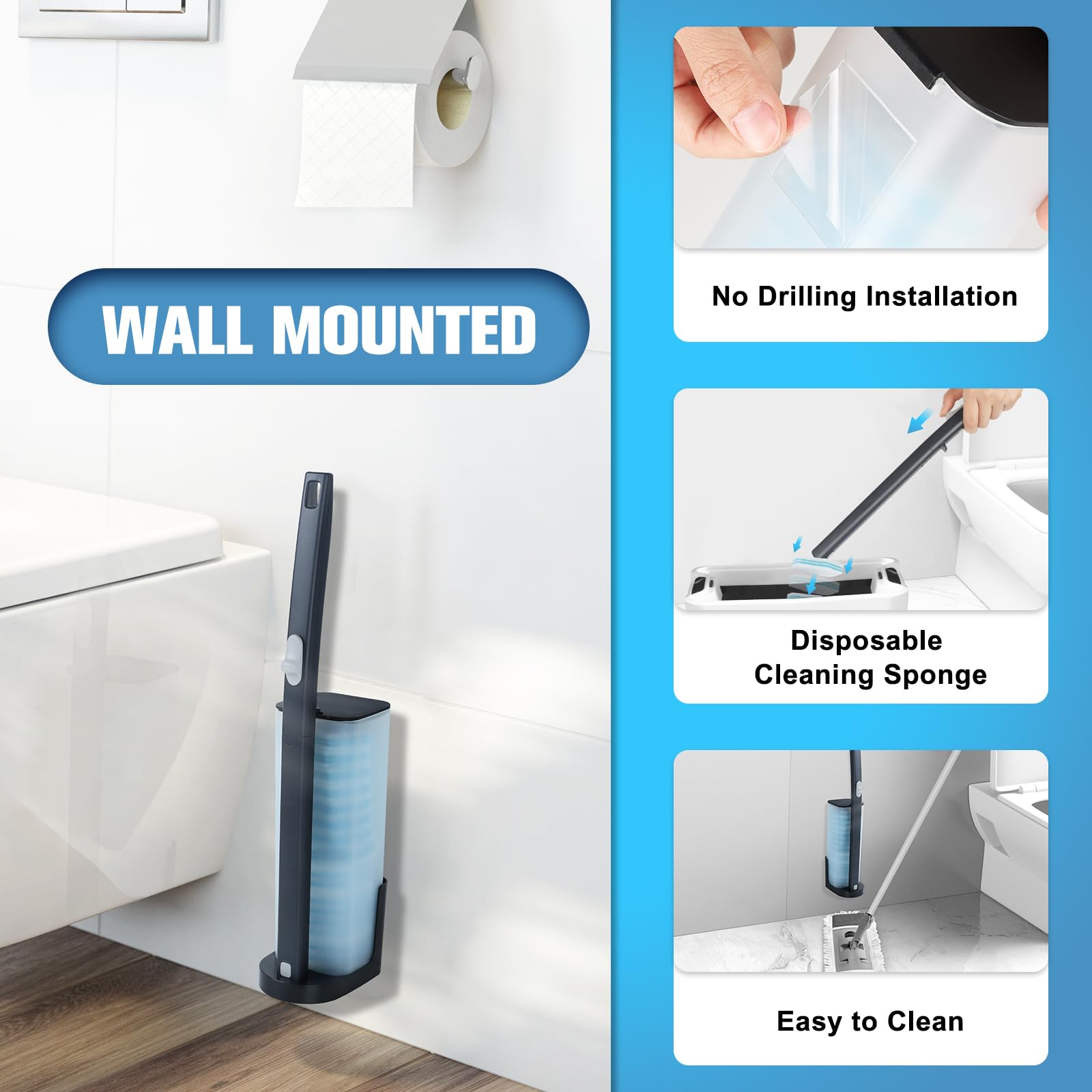 Squish Disposable Toilet Brush With 16 Cleaner Refills, Toilet Bowl Cleaners Brush And Holder, Wall Mounted Toilet Brushes With