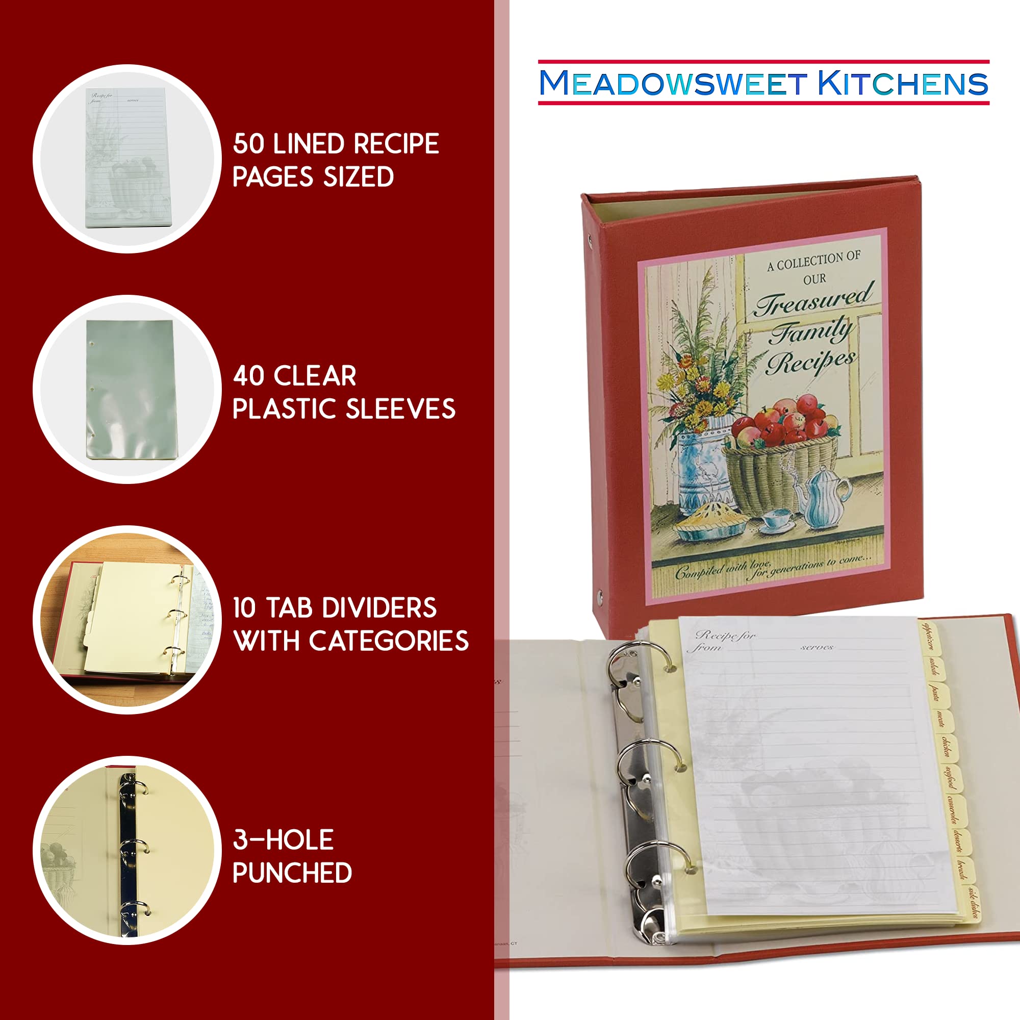 Meadowsweet Kitchens Treasured Family Journal Recipe Binder - Cookbook Organizer, Blank Notebook W/ 50 Lined Recipe Pages, 40 Cl