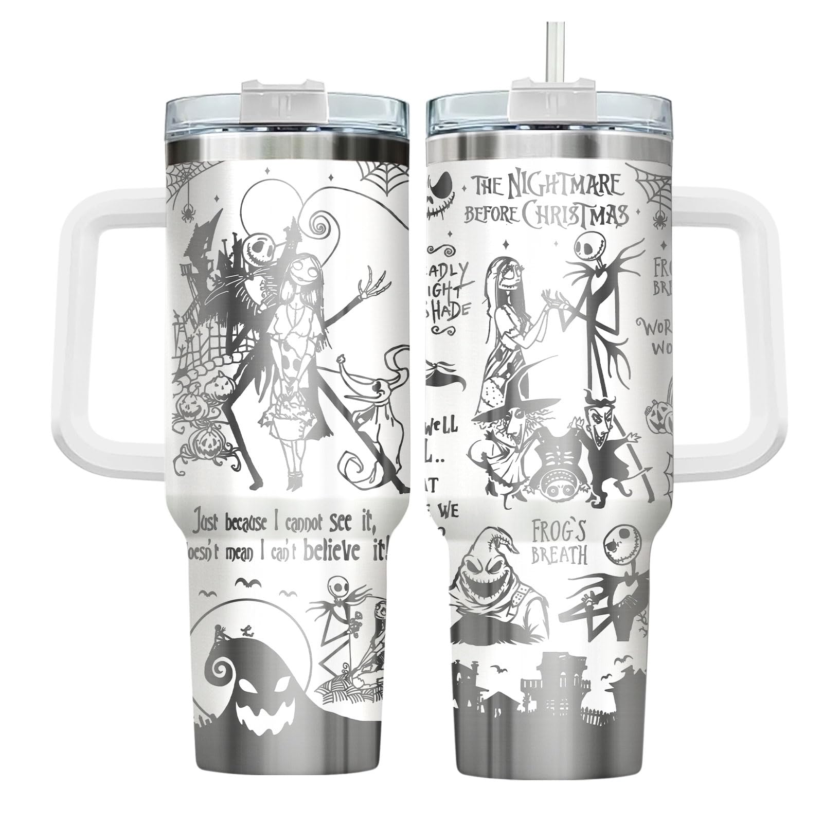 GEPOSTORE Spooky Christmas Tumbler - 40 oz Laser Stainless Steel Mug with Handle - Nightmare Halloween Movie Cup Gift for Fans o