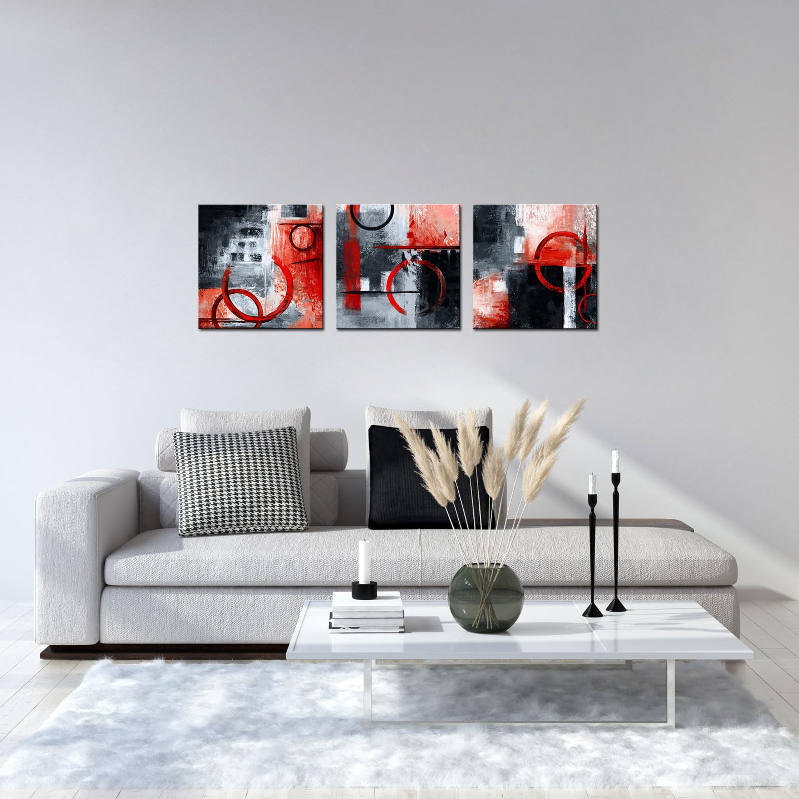 sechars Geometric Wall Decoration Abstract Circle Painting Canvas Wall Art Modern Black and Red Geometry Artwork Framed for Home Bedroom Kitchen (Red  Small)
