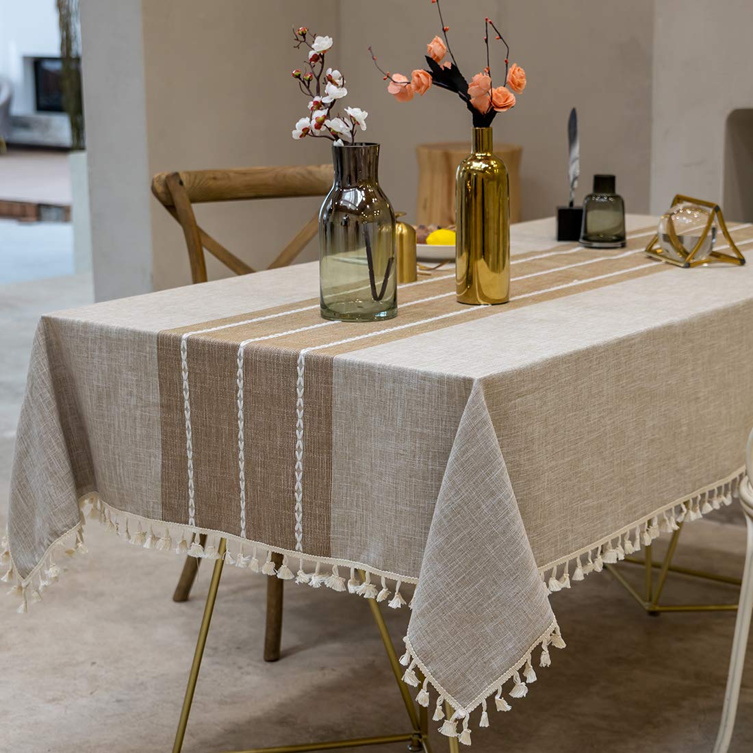 Tewene Tablecloth, Rectangle Table Cloth Cotton Linen Wrinkle Free Anti-Fading Tablecloths Embroidery Tassel Table Cover For Din