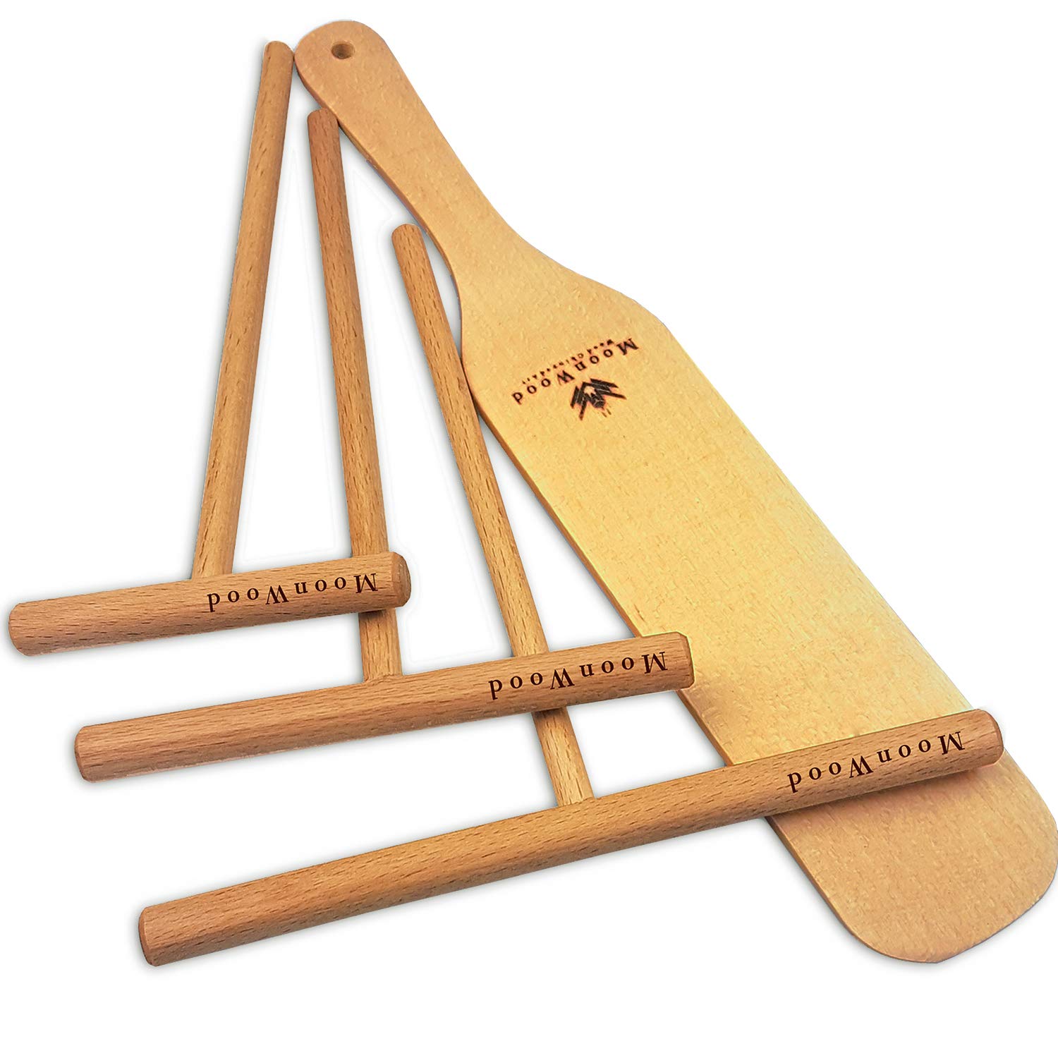 Crepe Spreader And Spatula Kit - 4 Pcs (3.5, 5, 7 Tools Set, 12 Inch Crepe Spatula Turner) T-Shaped Batter Pancake Tool, Natural