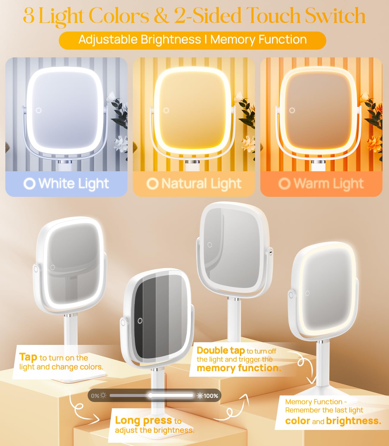Gospire Rectangle Lighted Makeup Mirror With Lights 3 Color, Height Adjustable And 1X/7X Magnifying, 2000Mah Rechargeable Batter