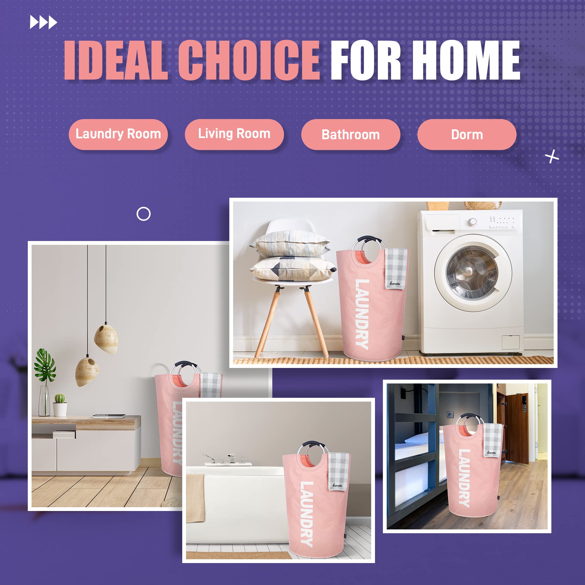 Caroeas 95L Pro Large Laundry Basket (13 Colors)  Waterproof Laundry Hamper  Laundry Bag with Padded Handles  Clothes Hamper Stands Up Well  Collapsible Laundry Basket Easy Storage (Pink)