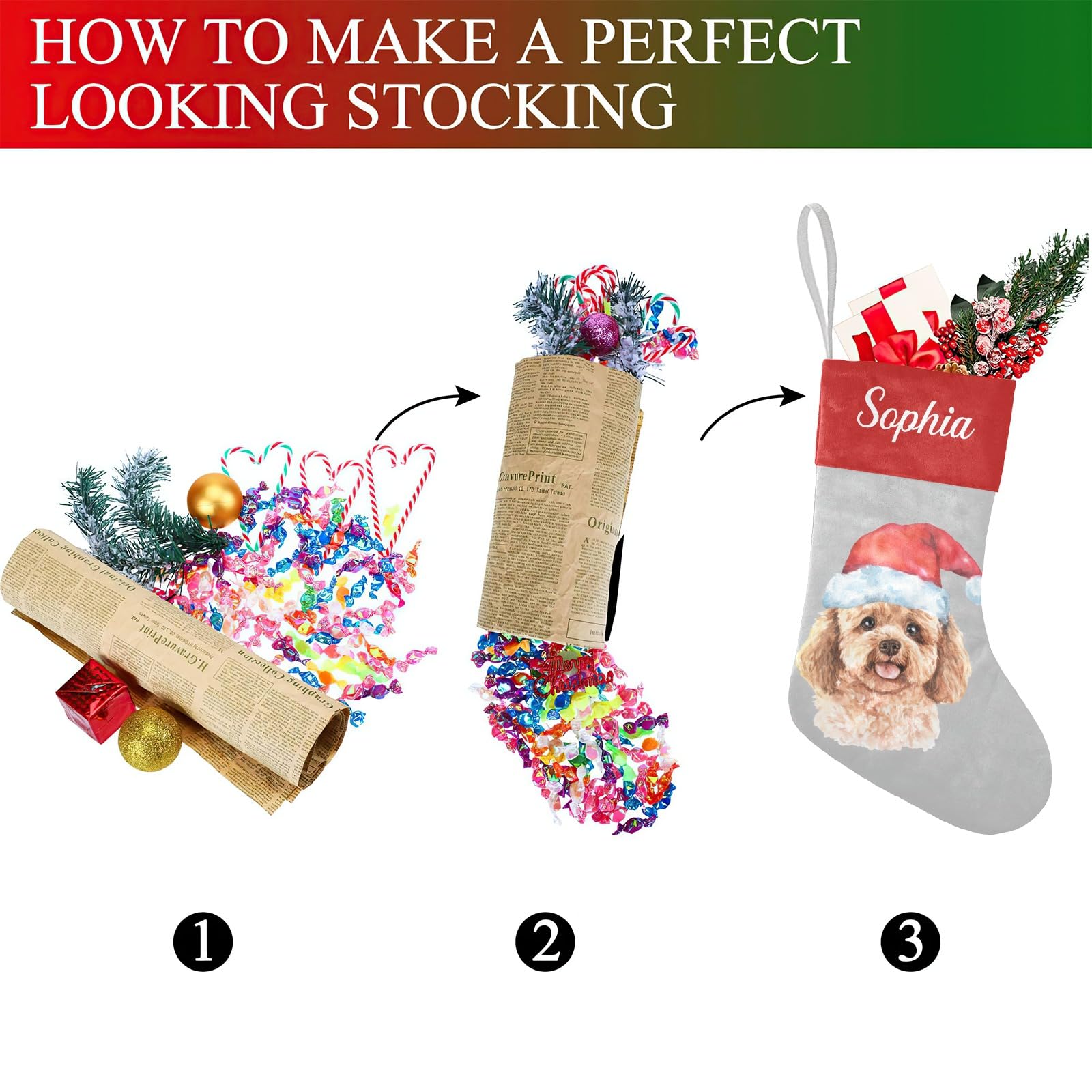 SunFancyCustom Custom Santa Hat Poodle Dog Christmas Stocking Personalized with Name Xmas Family Holiday Birthday Gift Decor 17.