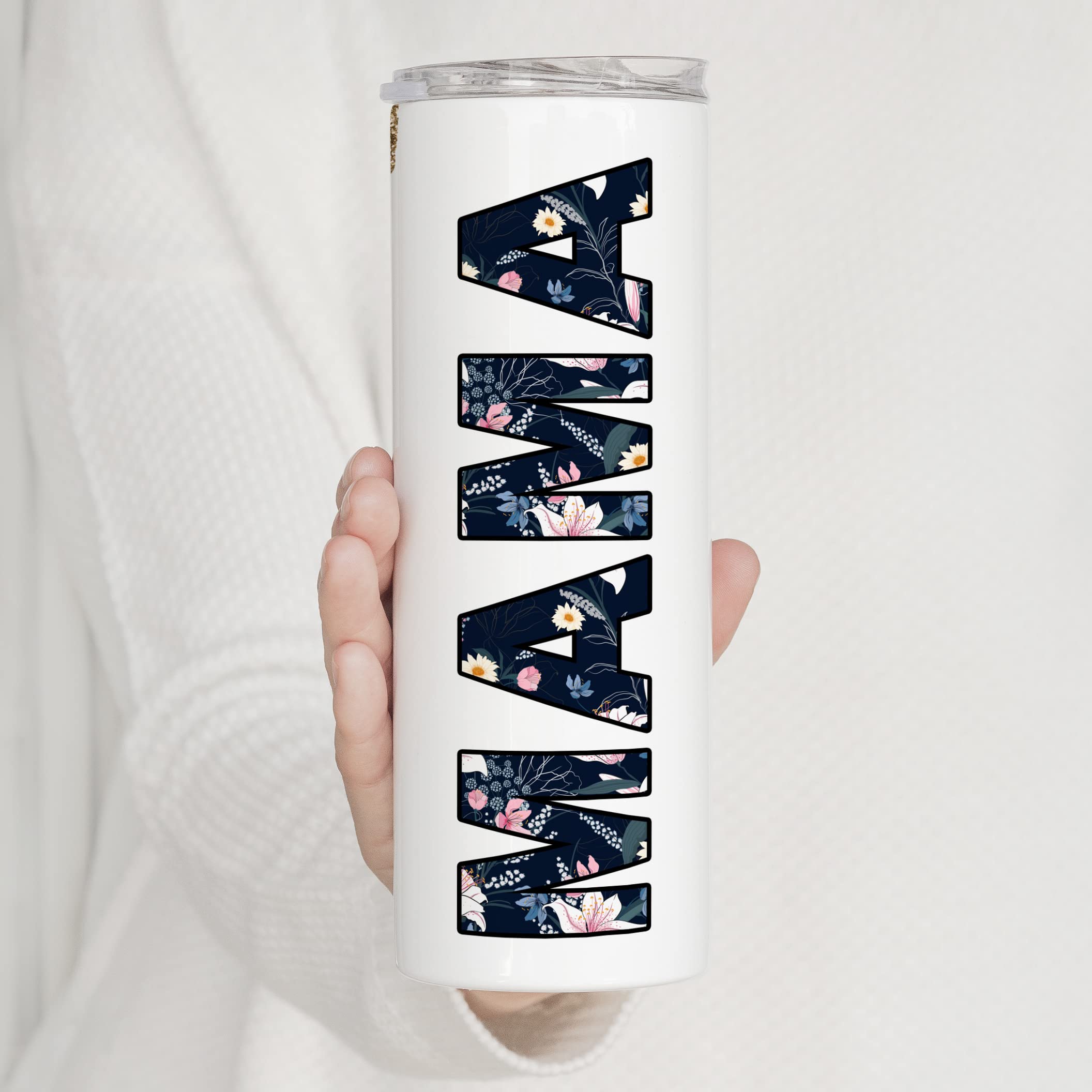 Younique Designs Navy Floral Mama Coffee Tumbler With Straw And Lid, 20 Oz, Insulated Stainless Steel Skinny Tumbler For Women,