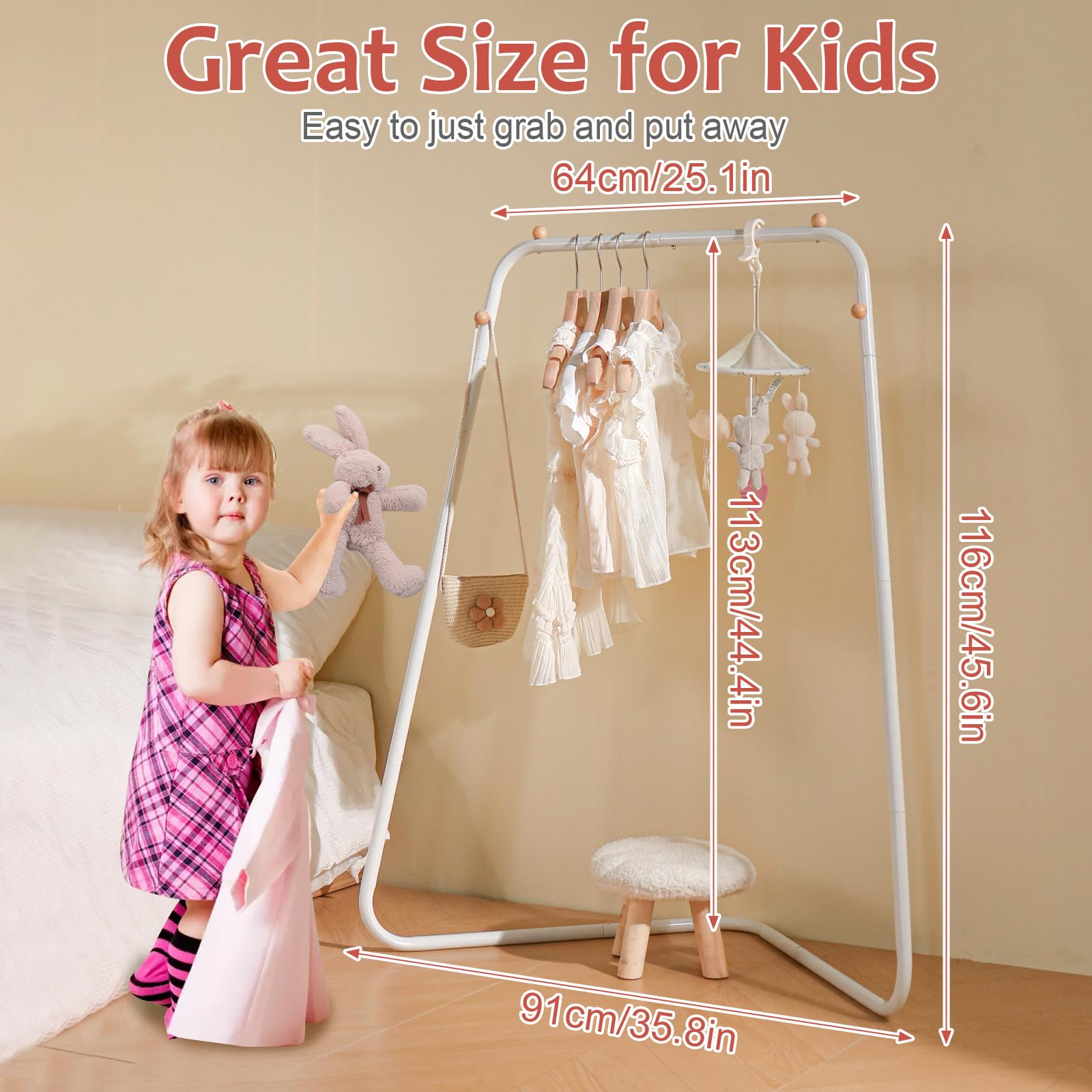YGJT Kids Clothing Corner Rack, Dress Up Storage for Little Girls with Bottom Storage Shelf, Cute Toddler Wardrobe Cloest Garmen