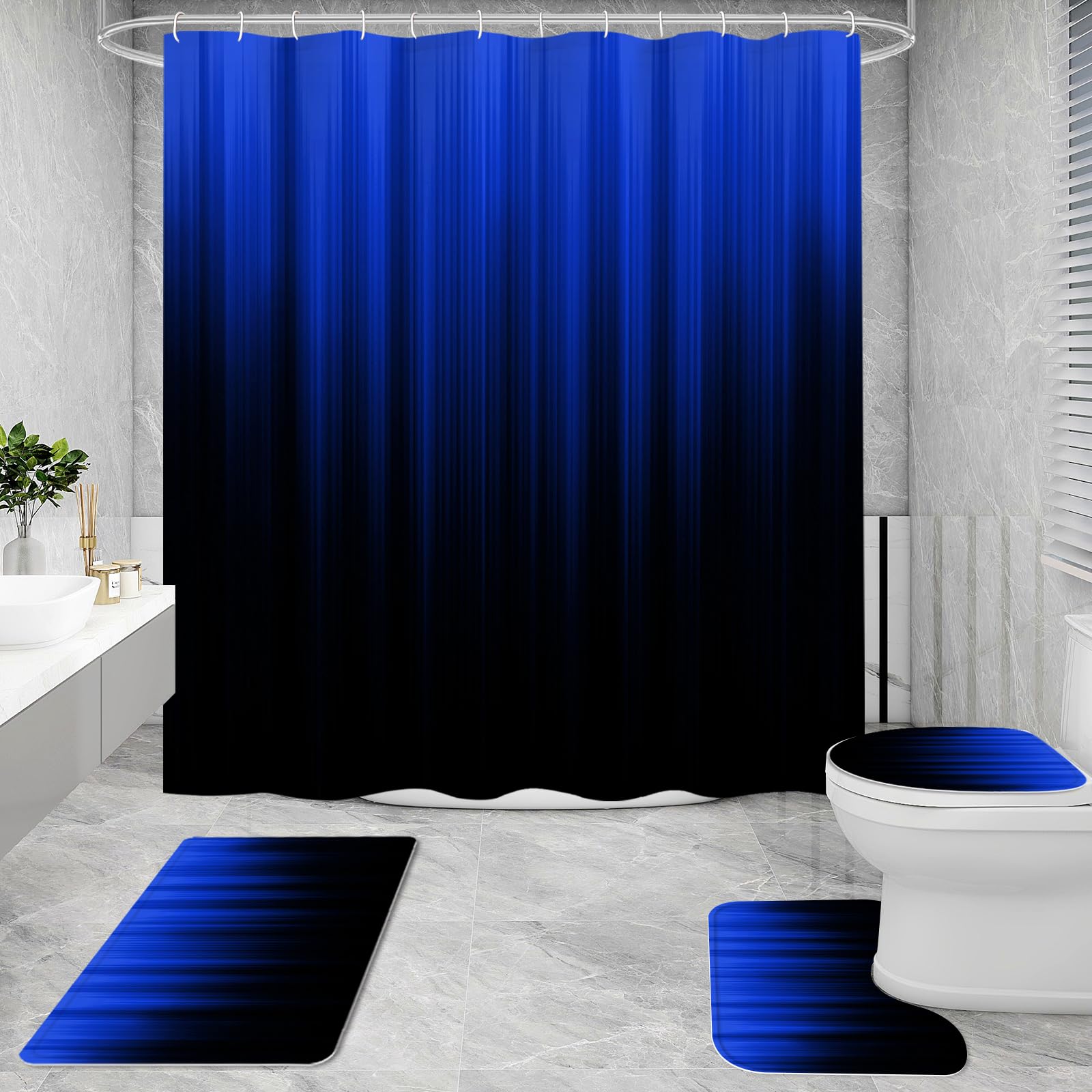 Litabel 4 Pcs Royal Blue And Black Gradient Shower Curtain Set With Rugs And Toilet Lid Cover, Modern Simple Waterproof Fabric B