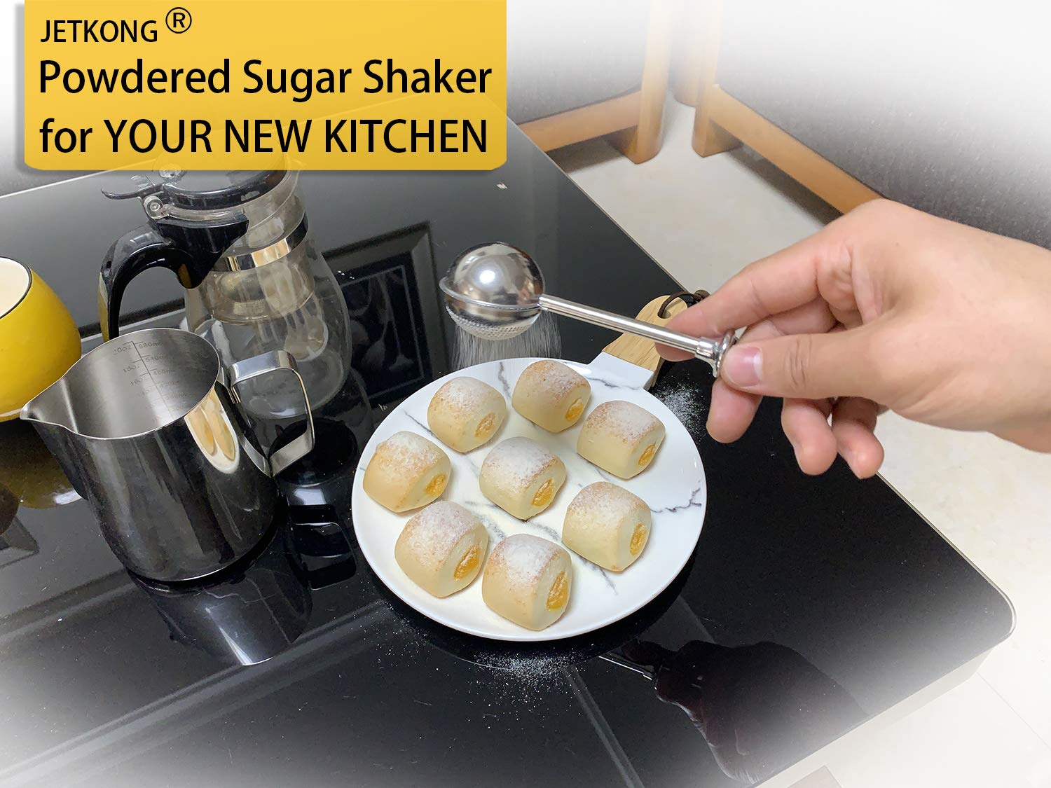 Jetkong Powdered Sugar Shaker Duster Flour Dispenser Shaker With 18/8 Stainless Steel Spring-Operated Handle For Sugar Flour And