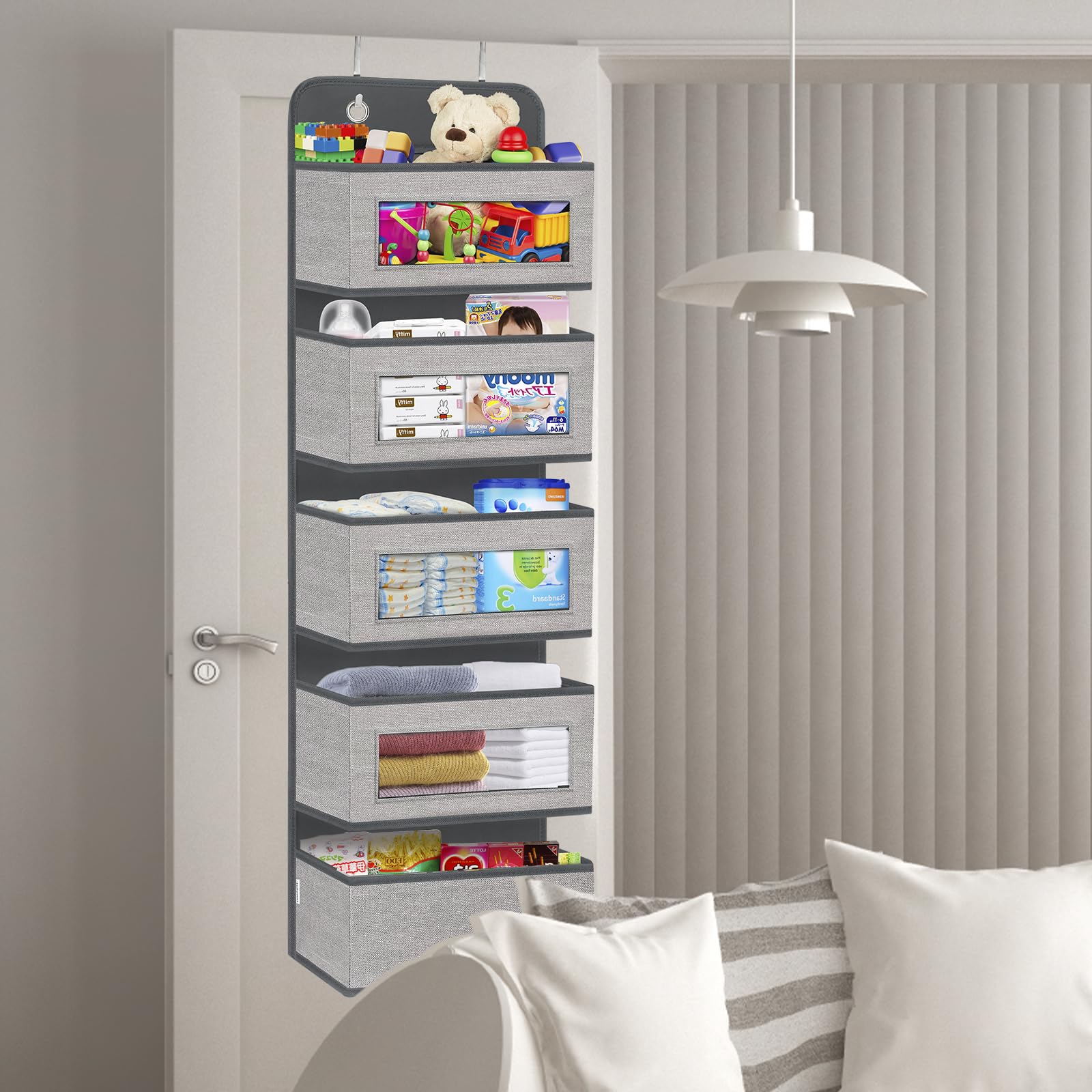 Over The Door Hanging Organizer Storage With 5 Large Pockets,Wall Mount Storage With Clear Windows And 2 Widened Metal Hooks For