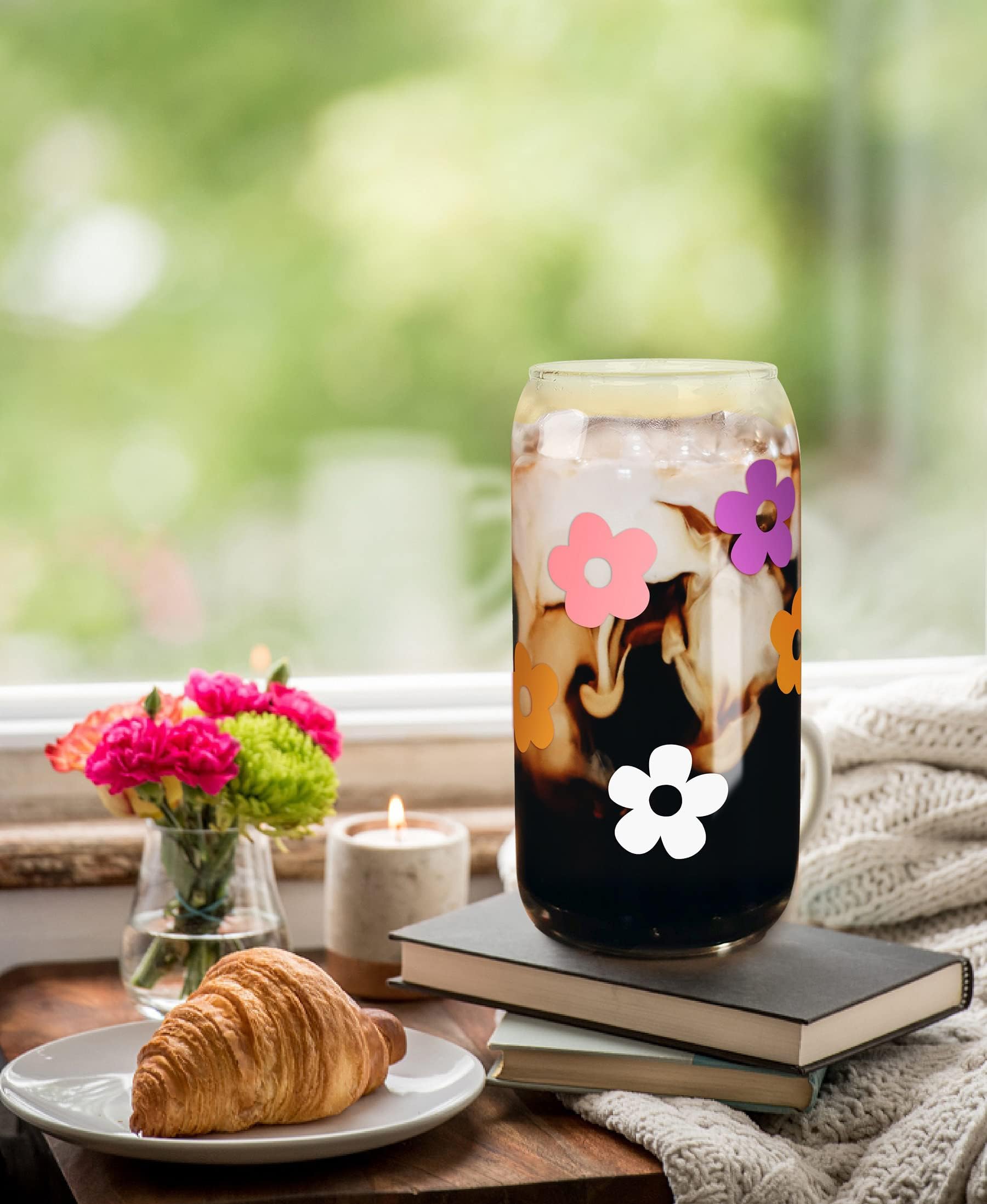 Mason Life Cute Glass Cups With Lids And Straws, Valentine 'S Day Gift For Women, 18Oz Aesthetic Cups Iced Coffee Cups, Flower C