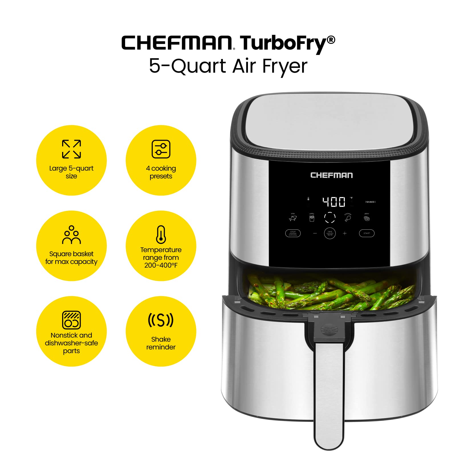 Chefman Turbofry Touch Air Fryer, Large 5-Quart Family Size, One Touch Digital Control Presets, French Fries, Chicken, Meat, Fis