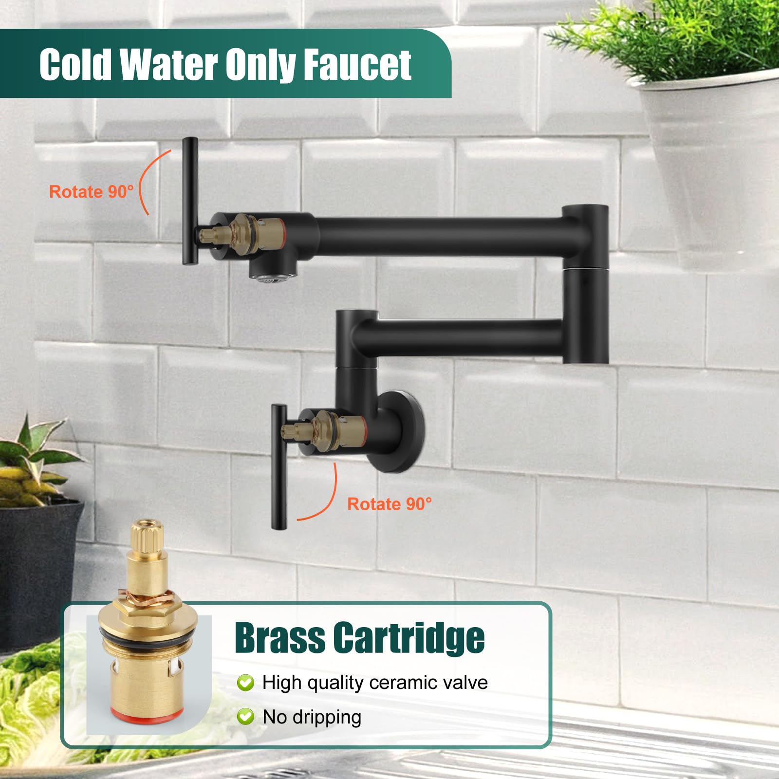 Heyalan 19'' Matte Black Stainless Steel SUS304 Pot Filler Faucet Wall Mounted Double Joint Swing Folding Arms with Two Handles Single Hole Commercial Kitchen Faucet to Control Water Stovetop