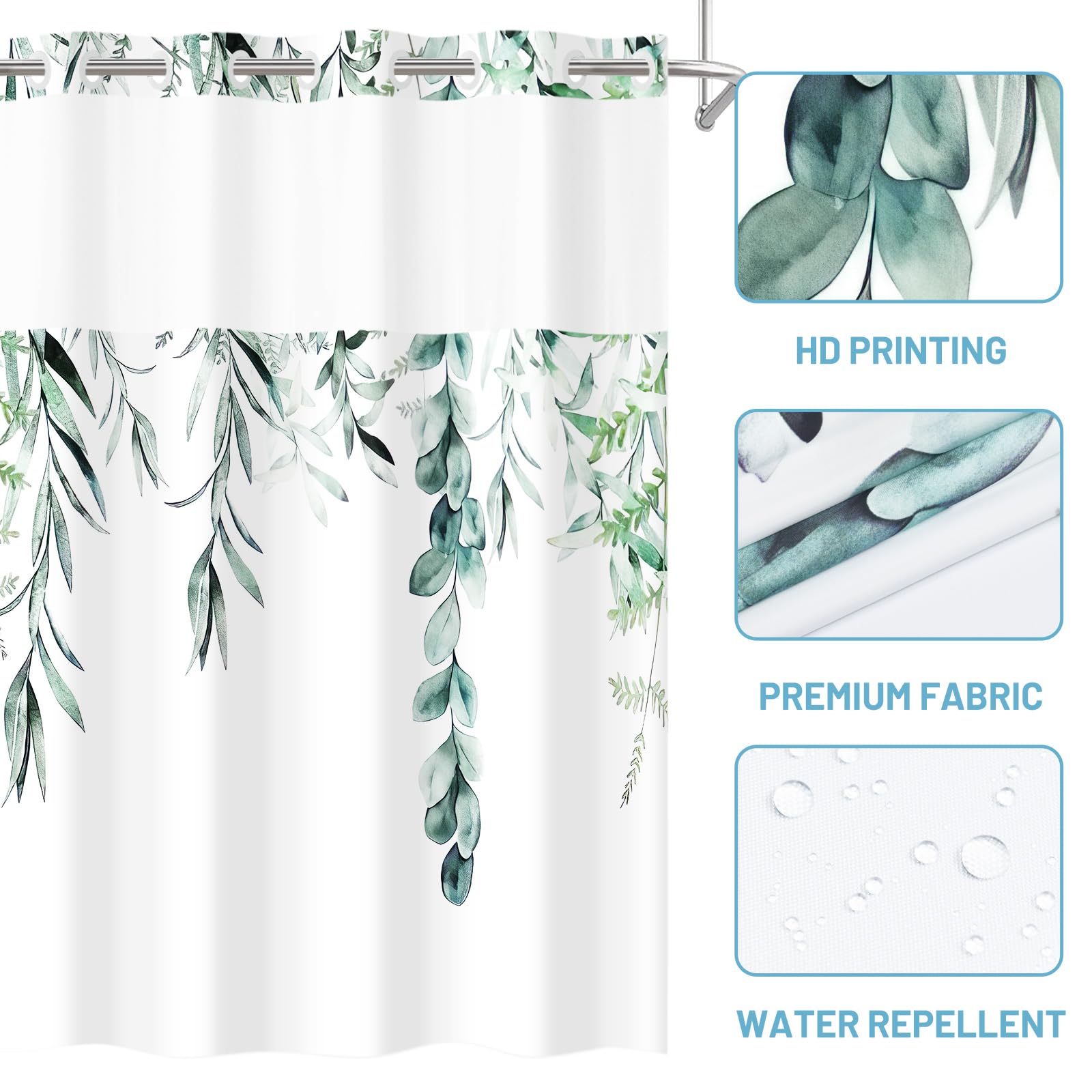 Withloc No Hook Shower Curtain With Snap In Liner - Fabric Waterproof Inner Liner, Plants Watercolor Green Eucalyptus Leaves Far