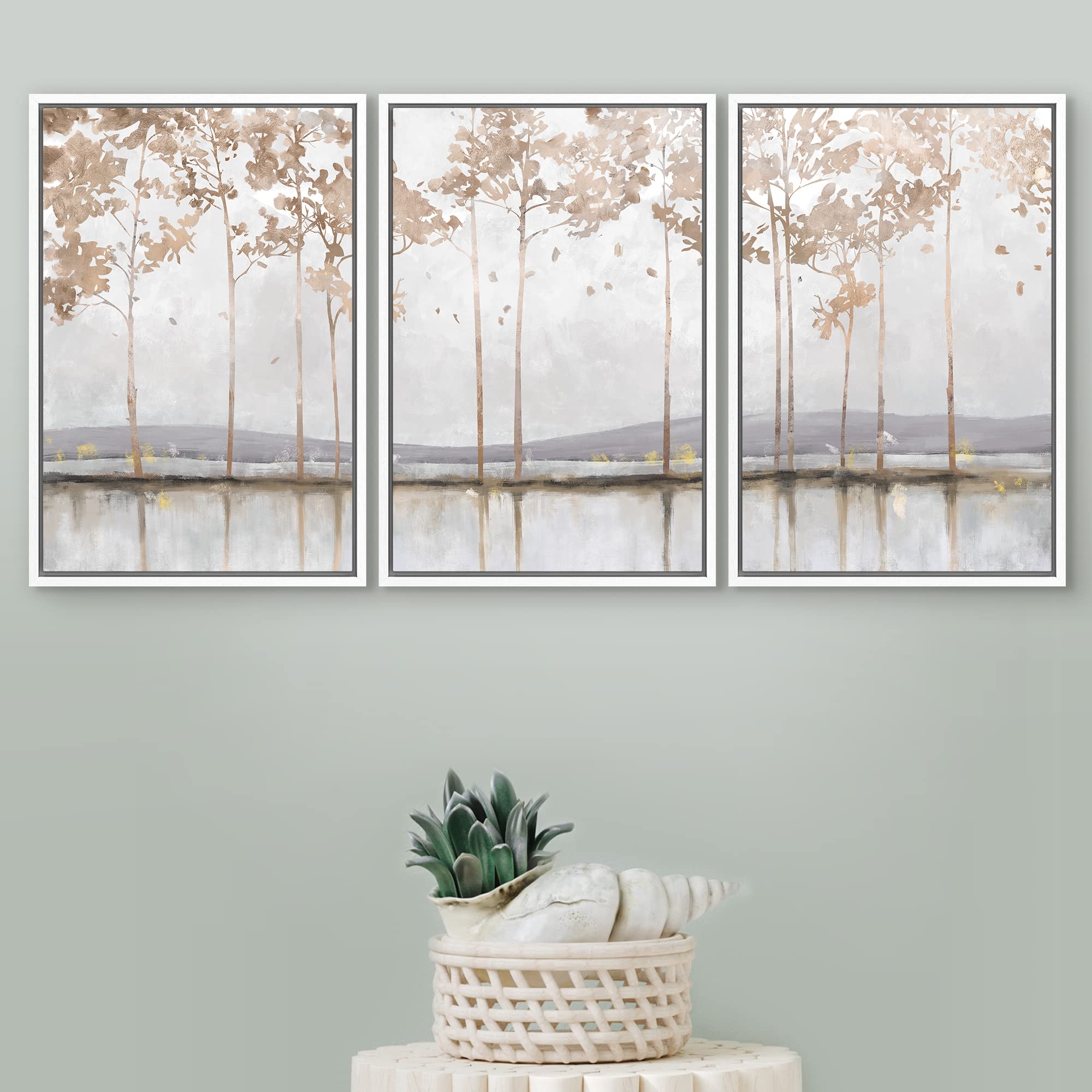 Signford Framed Canvas Print Wall Art Set Pastel Mountain Lake Tree Forest Abstract Shapes Illustration Modern Art Decorative No