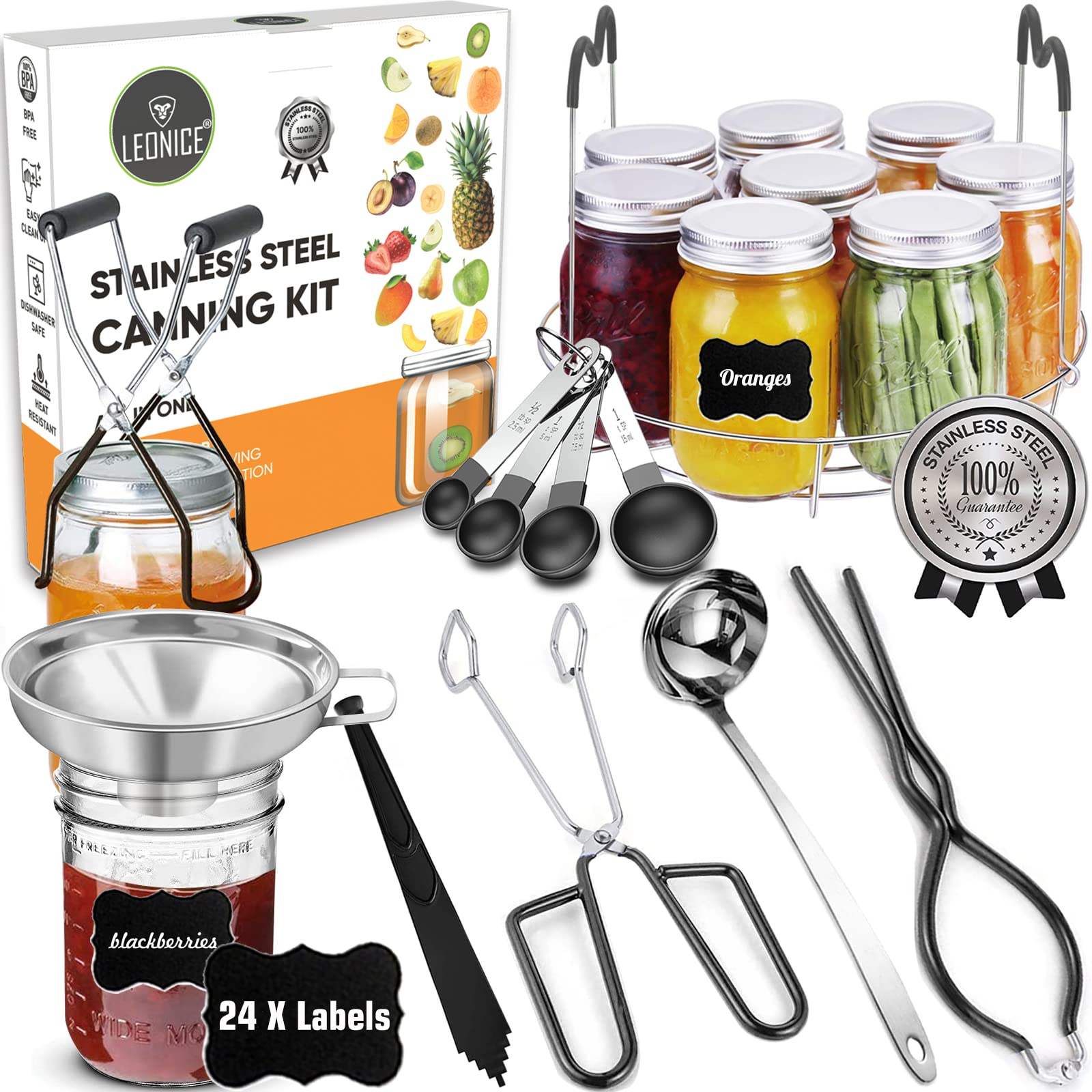 Canning Supplies Starter Kit, Stainless Steel Canning Set Tools: Rack, Ladle, Measuring Spoons, Funnel, Tongs, Jar Lifter, Lid L