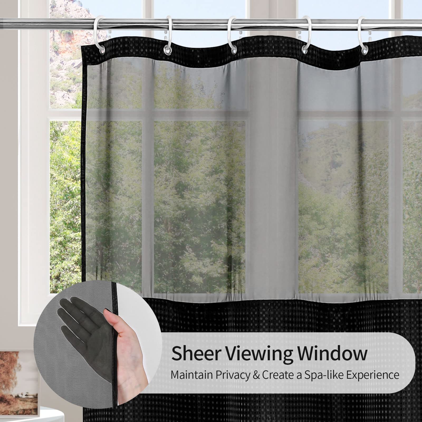 MitoVilla Black Waffle Shower Curtain Set with Snap-in Liner  Modern Waffle Weave Fabric Shower Curtain  Luxury Heavyweight Cloth Shower Curtain for Neutral Hotel & Spa Bathroom Decor  72 x 72