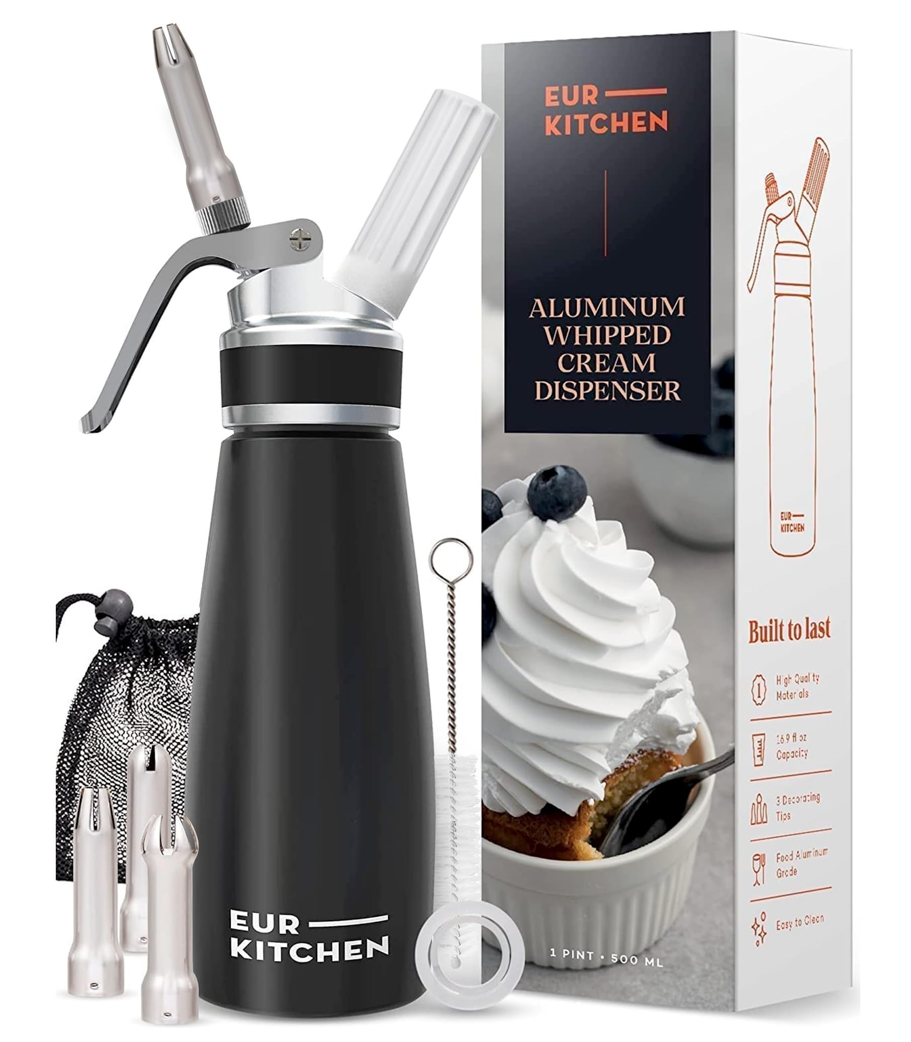 Eurkitchen Professional Aluminum Whipped Cream Dispenser - Leak-Free Whip Cream Maker Canister With 3 Decorating Nozzles & Clean