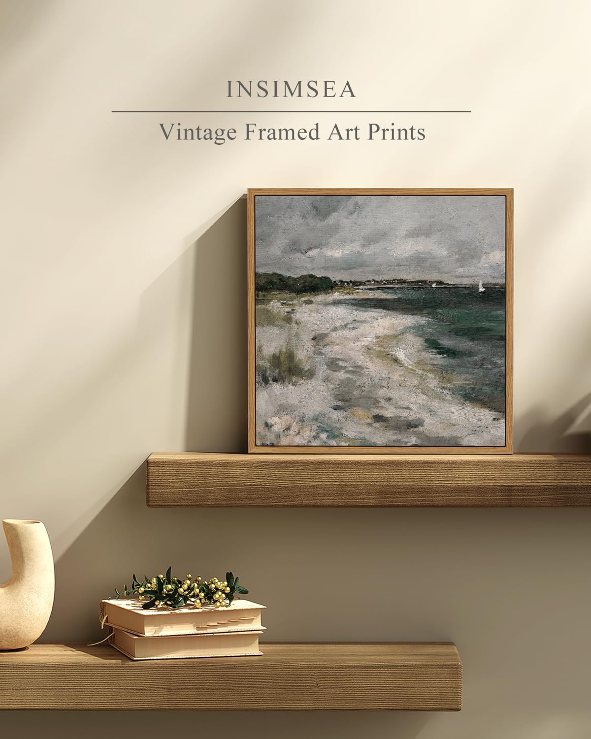 Insimsea Square Framed Canvas Wall Art, Room Decor Scenery Clouds Coastal Seaside Canvas Oil Painting Home Wall Decor Artwork, C