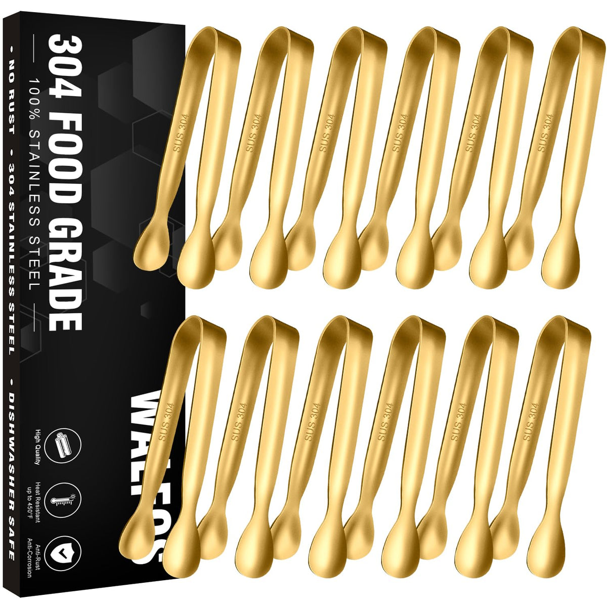 Walfos Small Gold Tongs For Serving,Food Grade Stainless Steel 4'' Mini Tongs Appetizers For Parties Catering, Sugar,Desserts,Te