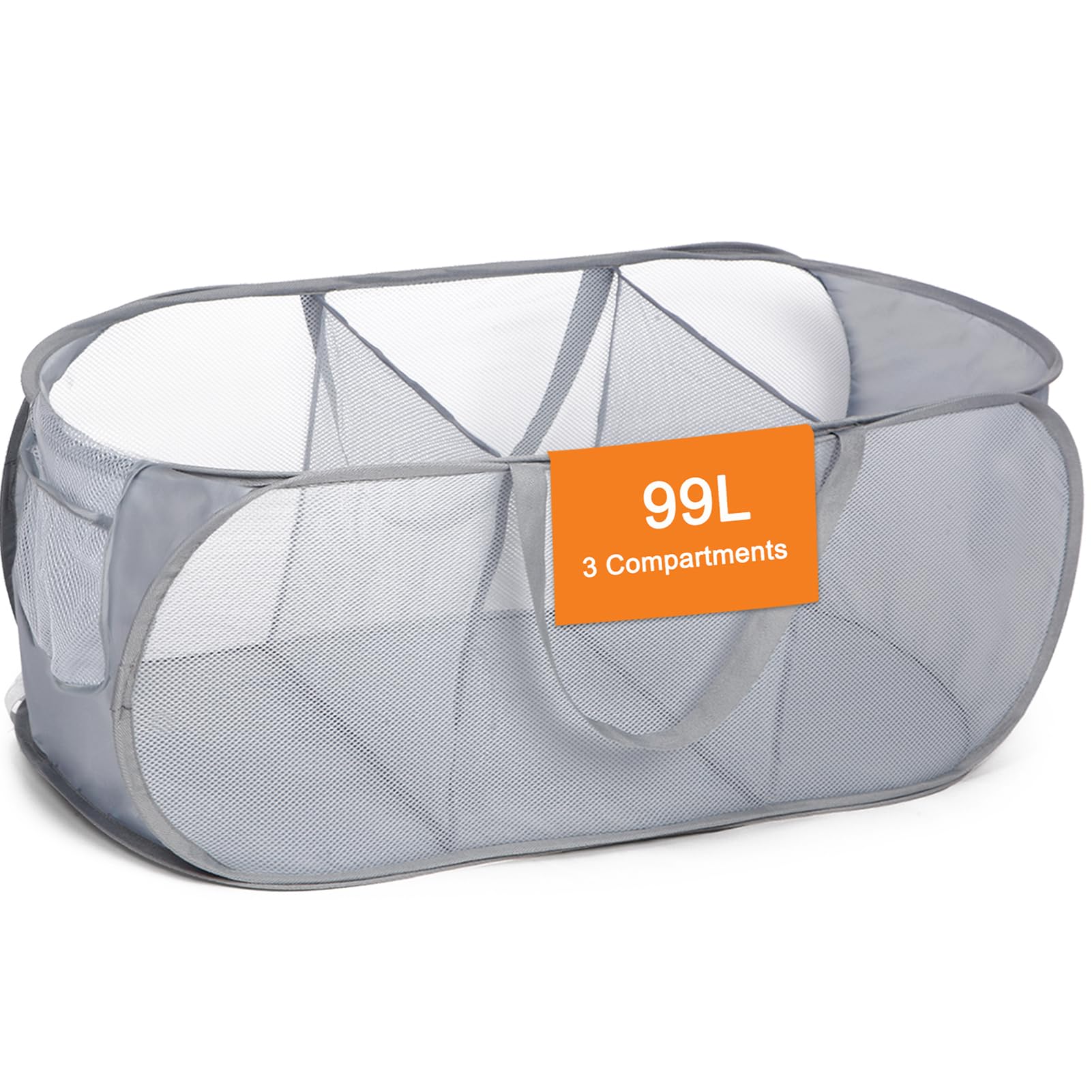 Durable Collapsible Laundry Baskets, Foldable Pop Up Laundry Hamper, Sturdy 3 Compartments Laundry Basket, Handy Pocket & Easy T