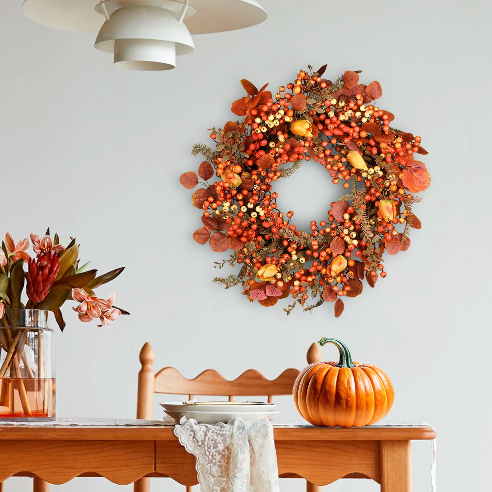 DFRREN 26 Inch Thanksgiving Fall Wreath, Autumn Wreaths for Front Door Fall with Maple Leaves,Oak Leaves,Flowers,and Berries, fo