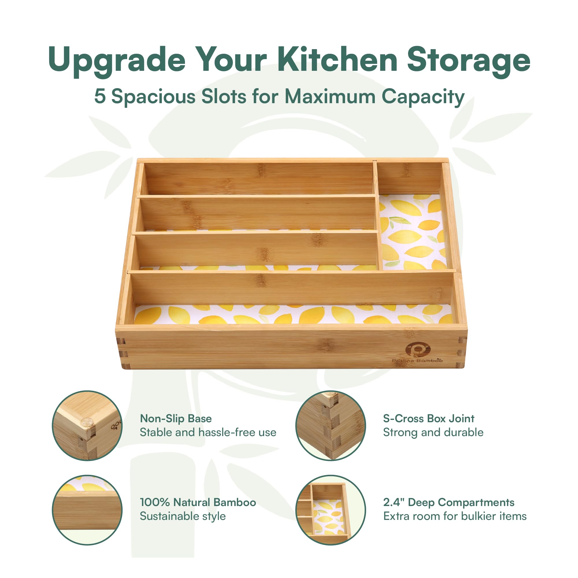 Pristine Bamboo Kitchen Drawer Organizer - Silverware Organizer For Kitchen Organization & Storage, Utensil Holder & Bamboo Orga