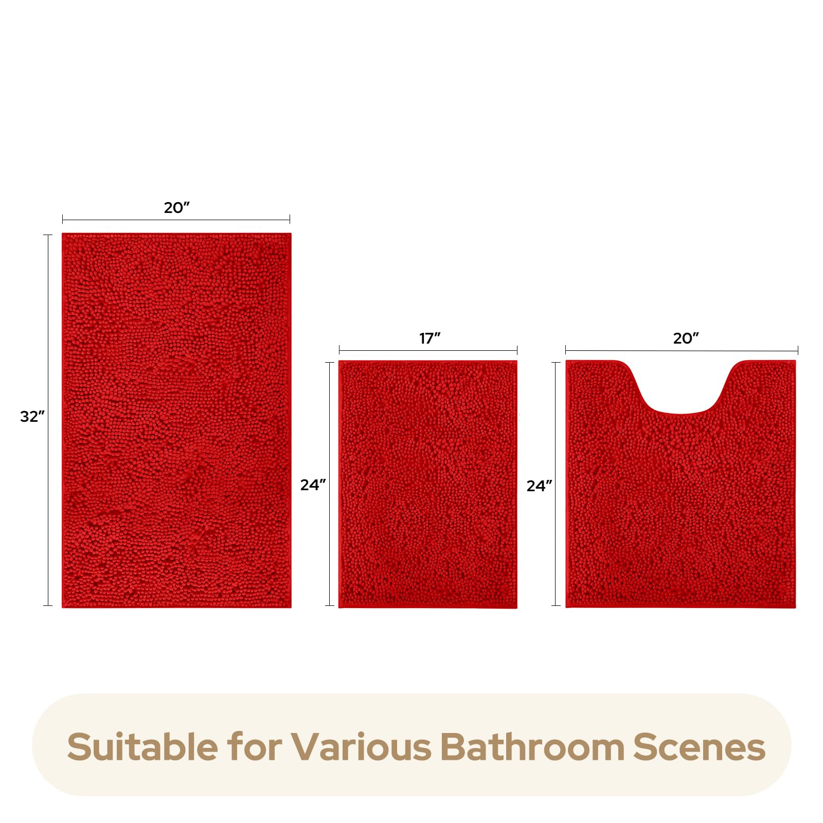 HOMEIDEAS 3 Pieces Bathroom Rugs  Ultra Soft Non Slip Absorbent Chenille Toilet Bath Mat Set (Red)
