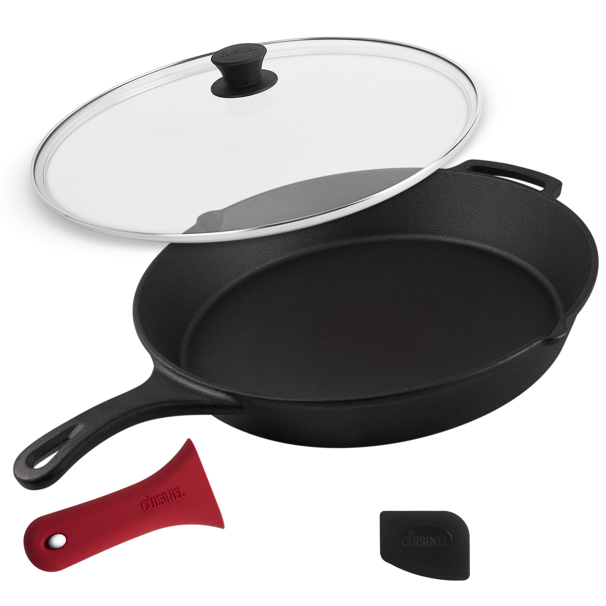 Cuisinel 15 Cast Iron Skillet + Glass Lid Cover + Black Pan Scraper + Silicone Handle Grip Cover - Pre-Seasoned Kitchen Cookwa