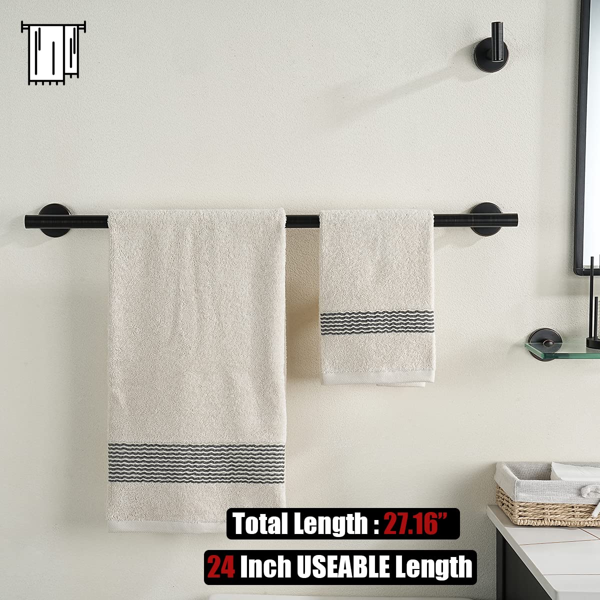 JQK Oil Rubbed Bronze Towel Bar  24 Inch 304 Stainless Steel Thicken 0.8mm Towel Rack Bathroom  Towel Holder Wall Mount  Total Length 27 Inch  TB110L24-ORB